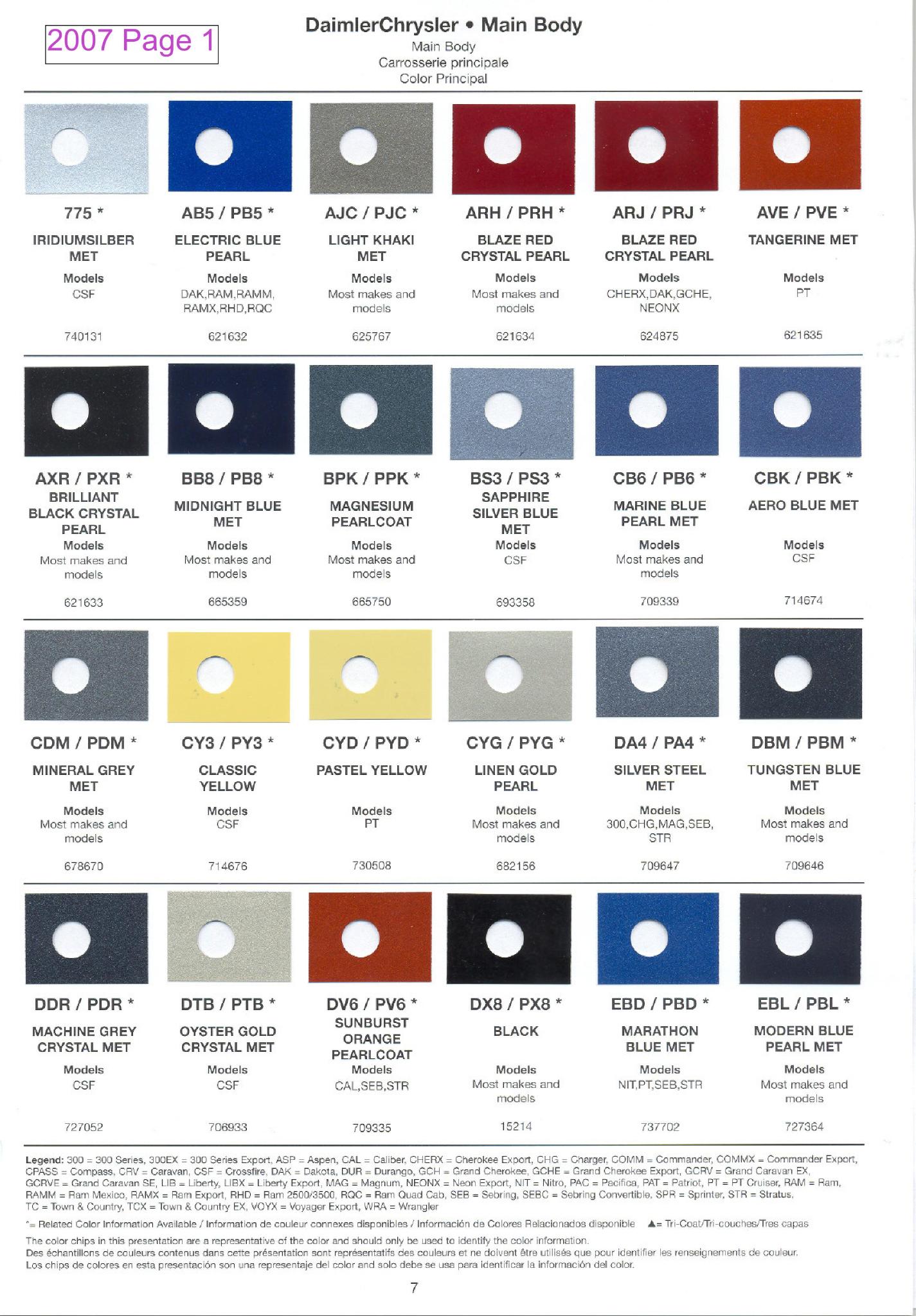 Chrysler Paint (Color) Code Chart For Exterior Vehicles