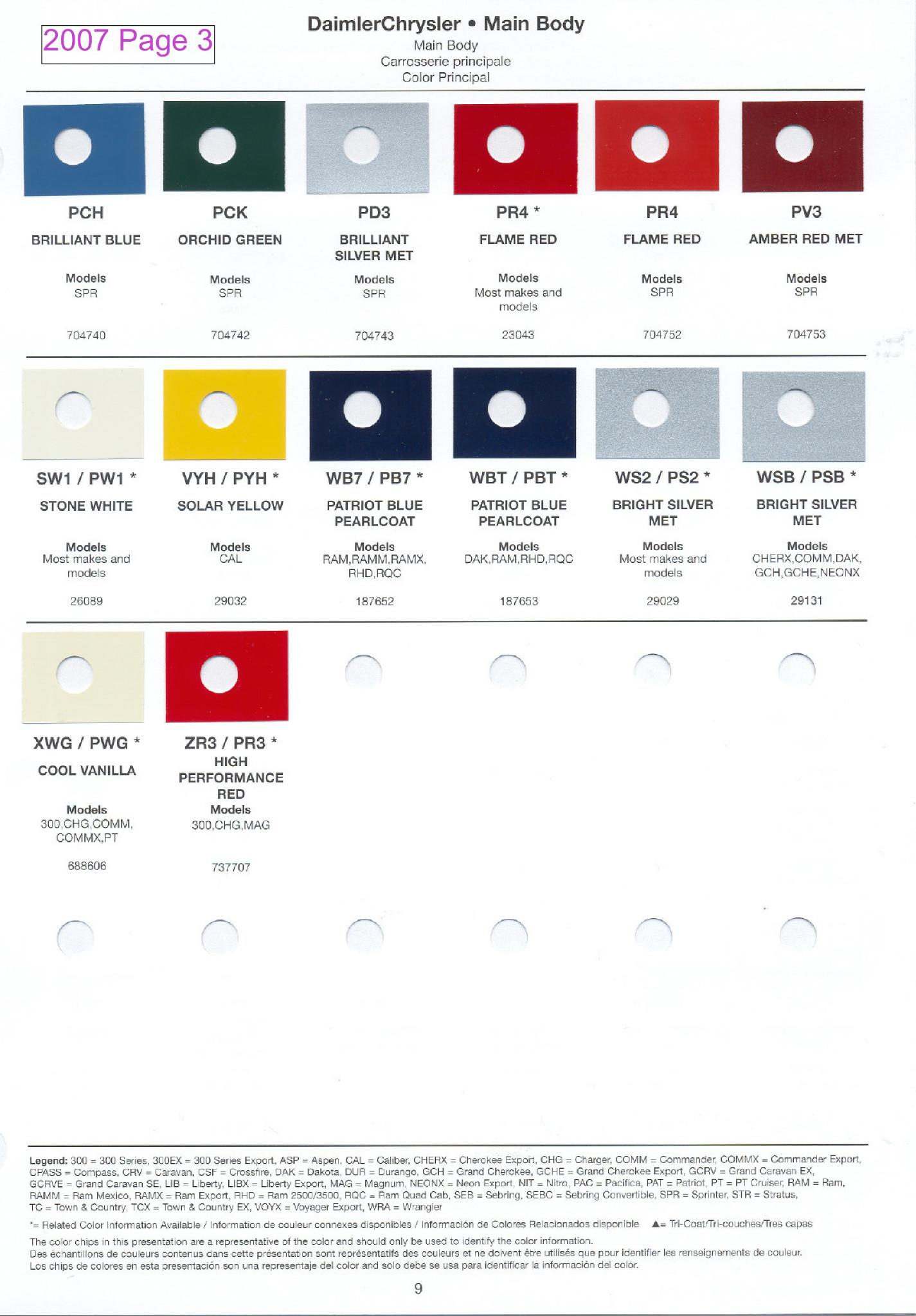 Chrysler Paint (Color) Code Chart For Exterior Vehicles