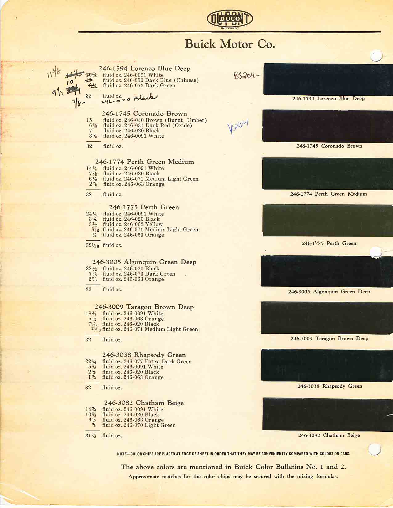 Buick color chart that contains color codes and paint swatches for the exterior color of a Buick vehicle.