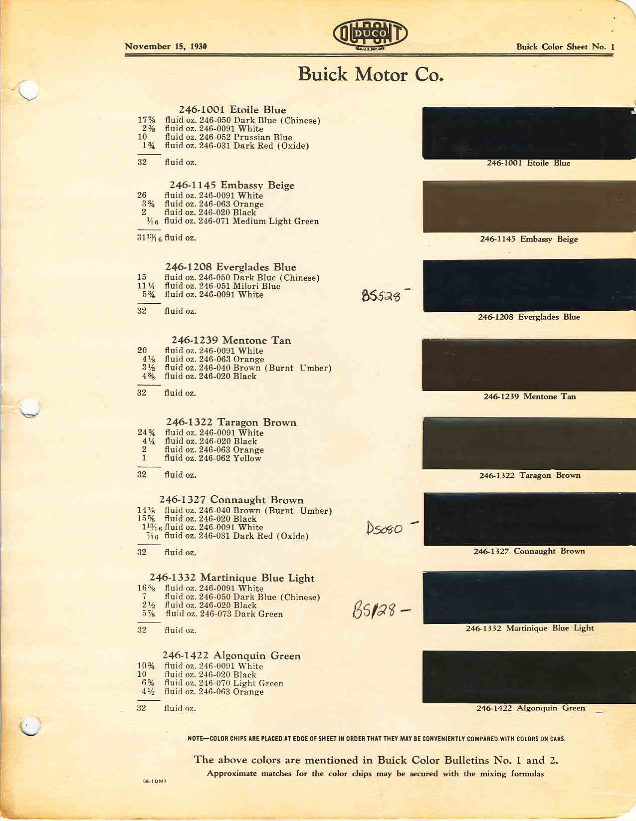 1930 Buick All Model Paint Color Code Chart Buick color chart that contains color codes and paint swatches for the exterior color of a Buick vehicle.