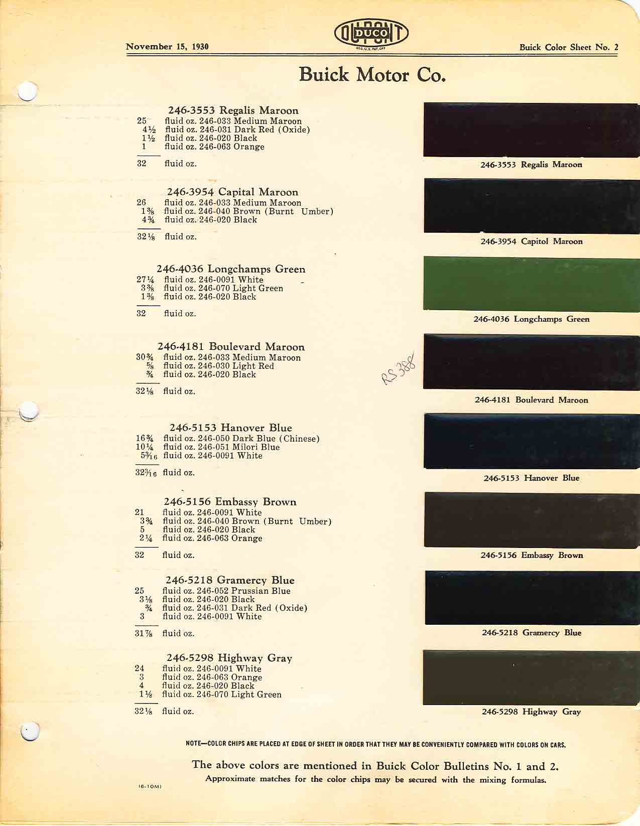 1930 Buick All Model Paint Color Code Chart Buick color chart that contains color codes and paint swatches for the exterior color of a Buick vehicle.