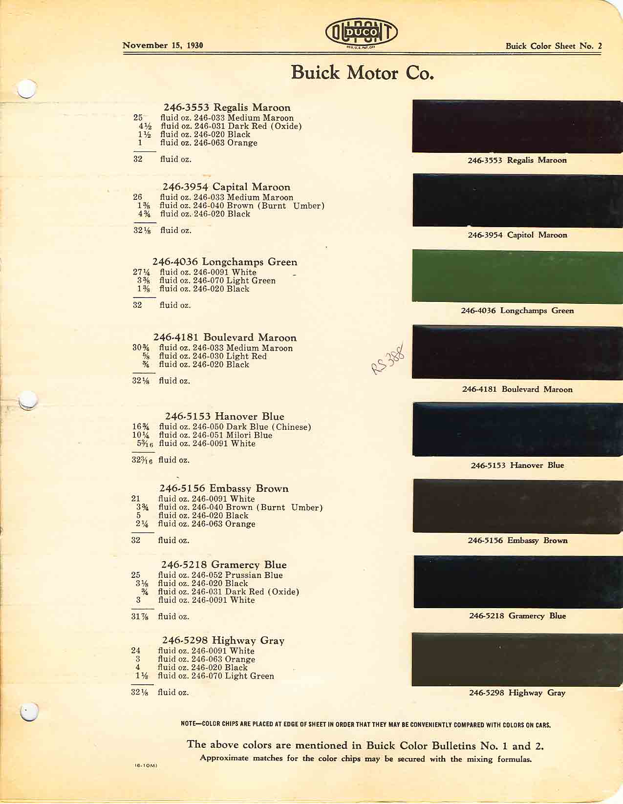 Buick color chart that contains color codes and paint swatches for the exterior color of a Buick vehicle.