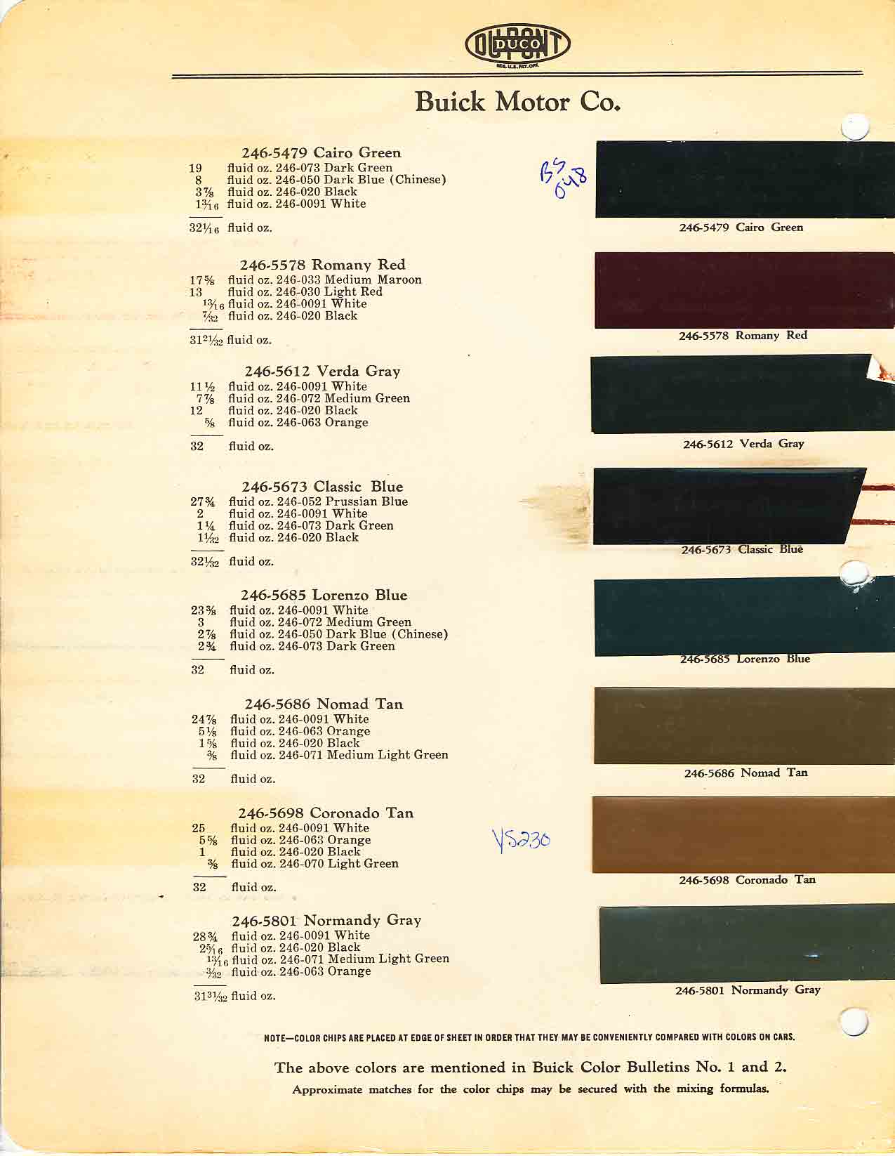 Buick color chart that contains color codes and paint swatches for the exterior color of a Buick vehicle.