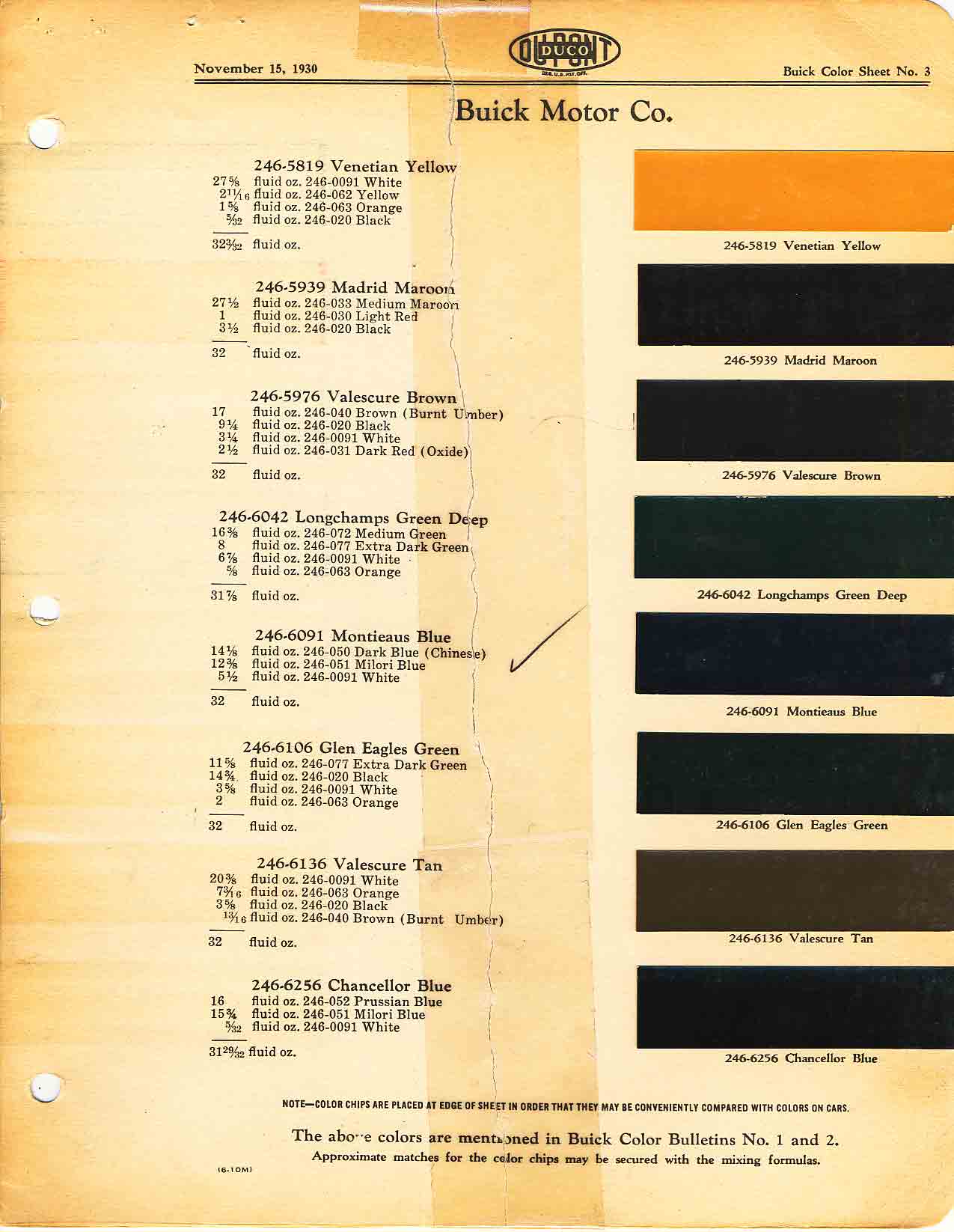 Buick color chart that contains color codes and paint swatches for the exterior color of a Buick vehicle.