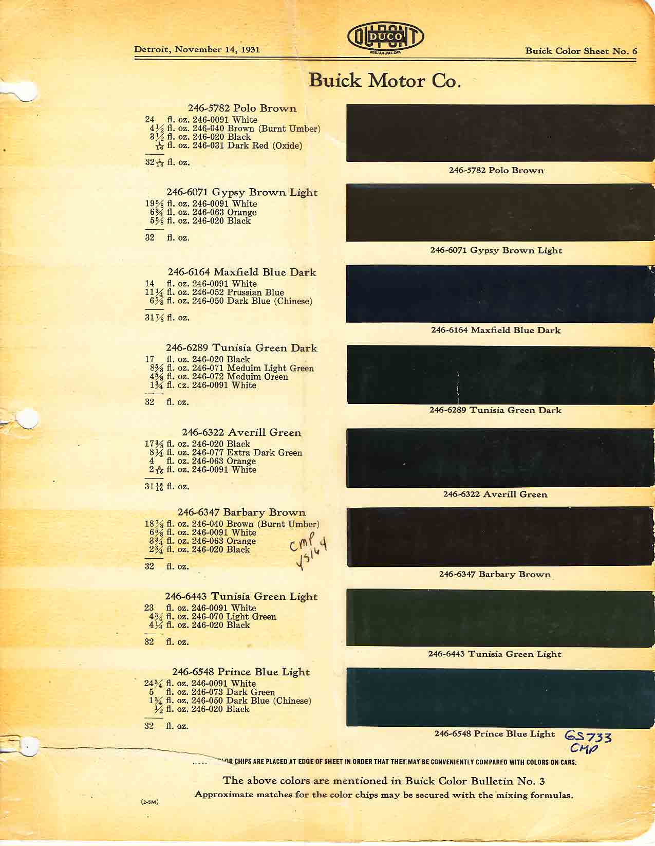 1931 Buick All Model Paint Color Code Chart Buick color chart that contains color codes and paint swatches for the exterior color of a Buick vehicle.