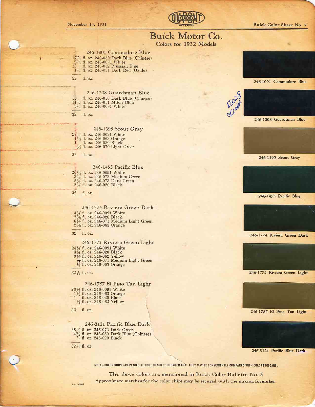 1932 Buick All Model Paint Color Code Chart Buick color chart that contains color codes and paint swatches for the exterior color of a Buick vehicle.