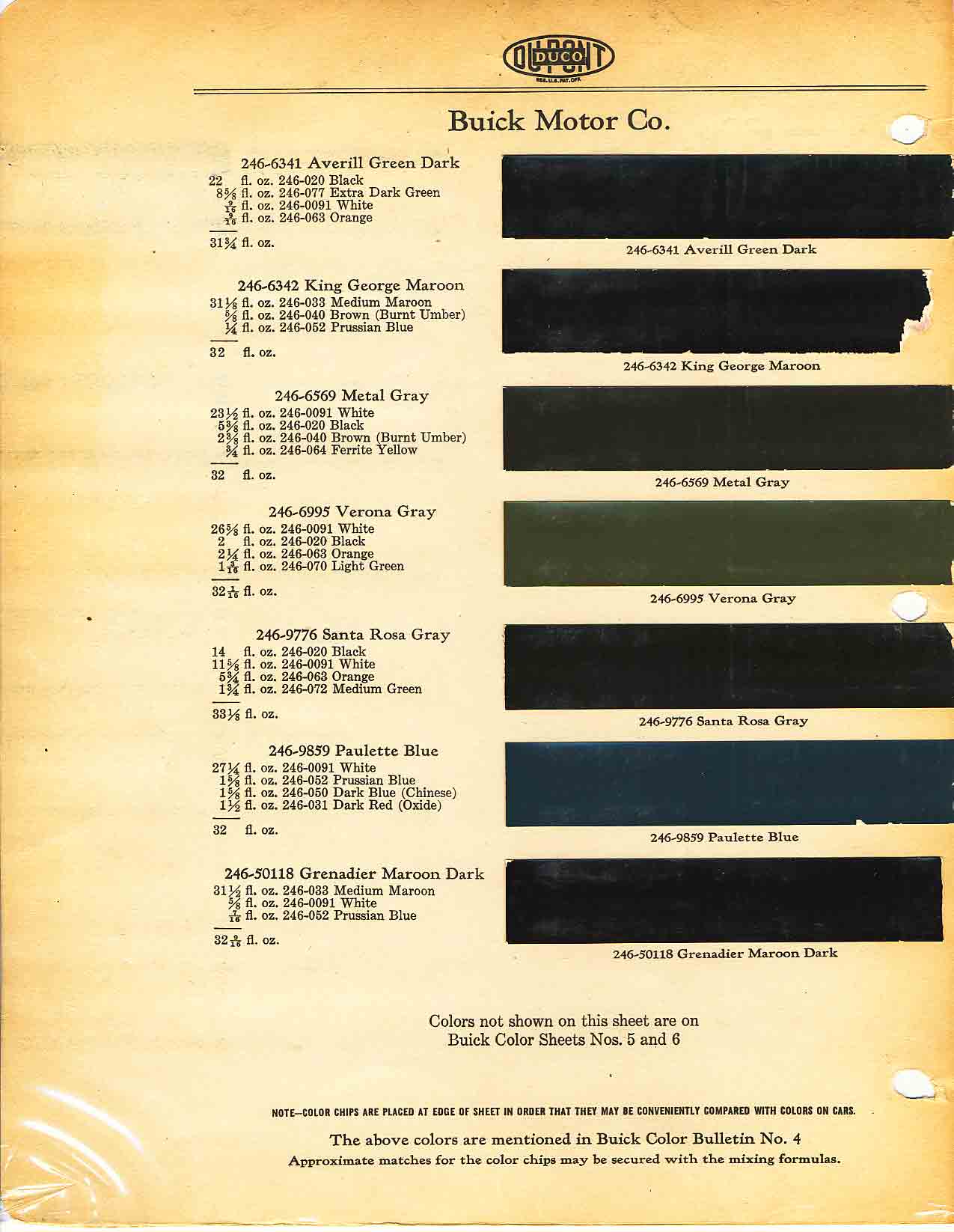 Buick color chart that contains color codes and paint swatches for the exterior color of a Buick vehicle.