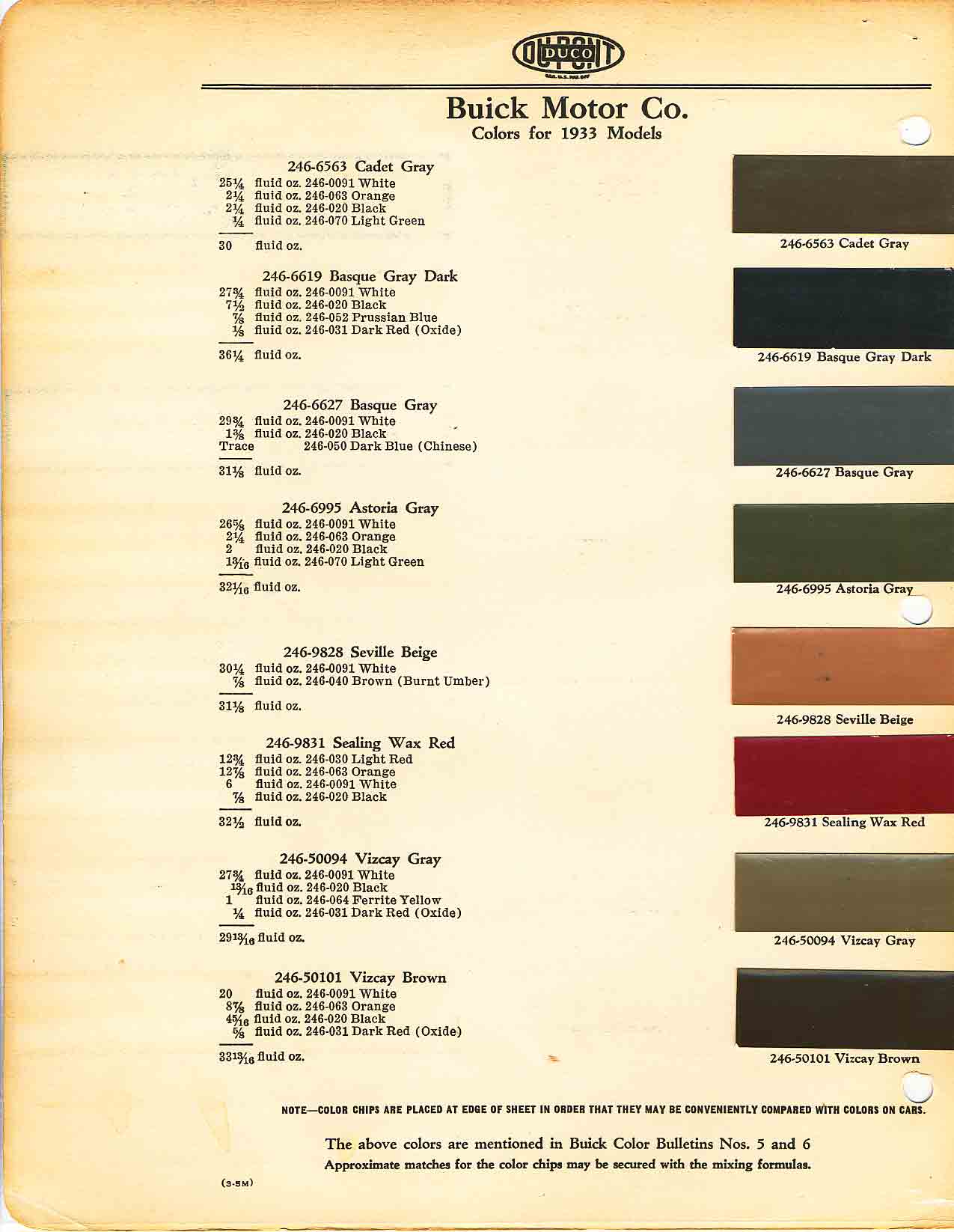1933 Buick All Model Paint Color Code Chart Buick color chart that contains color codes and paint swatches for the exterior color of a Buick vehicle.