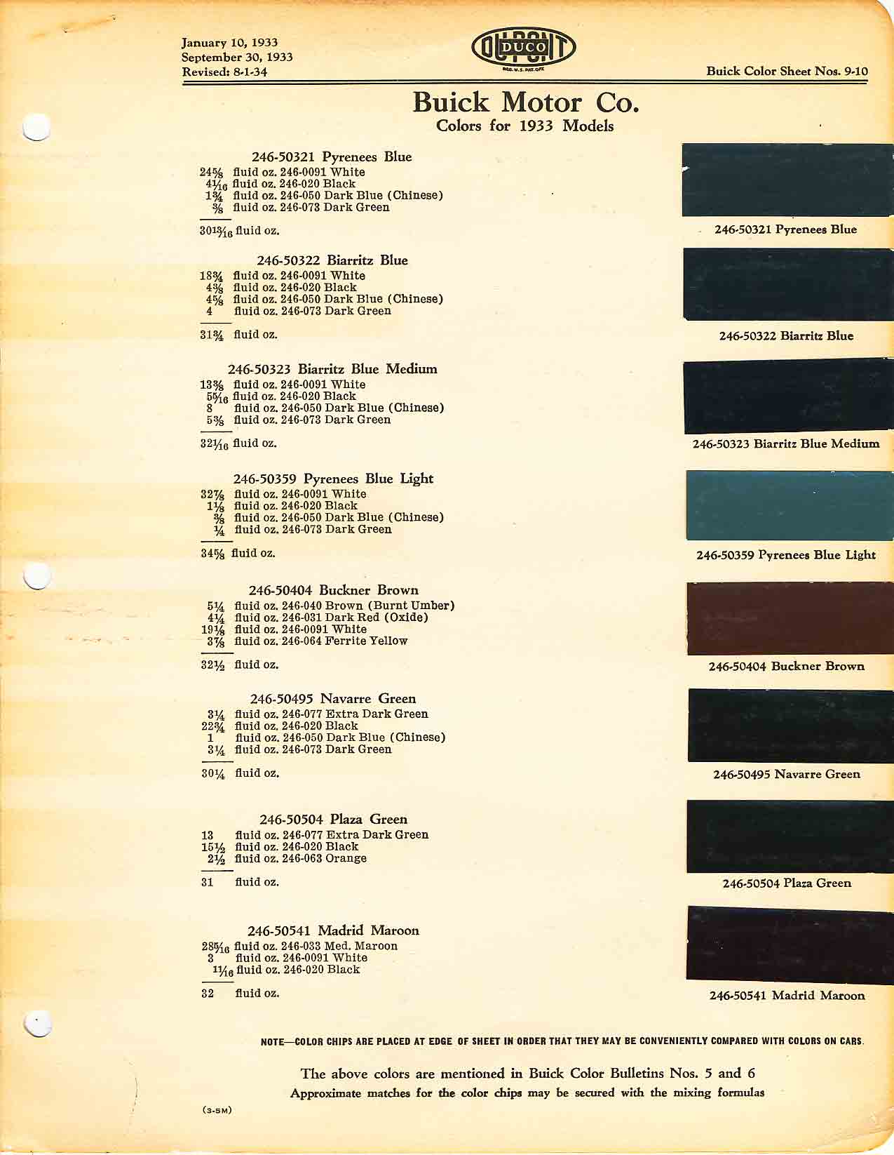 1933 Buick All Model Paint Color Code Chart Buick color chart that contains color codes and paint swatches for the exterior color of a Buick vehicle.