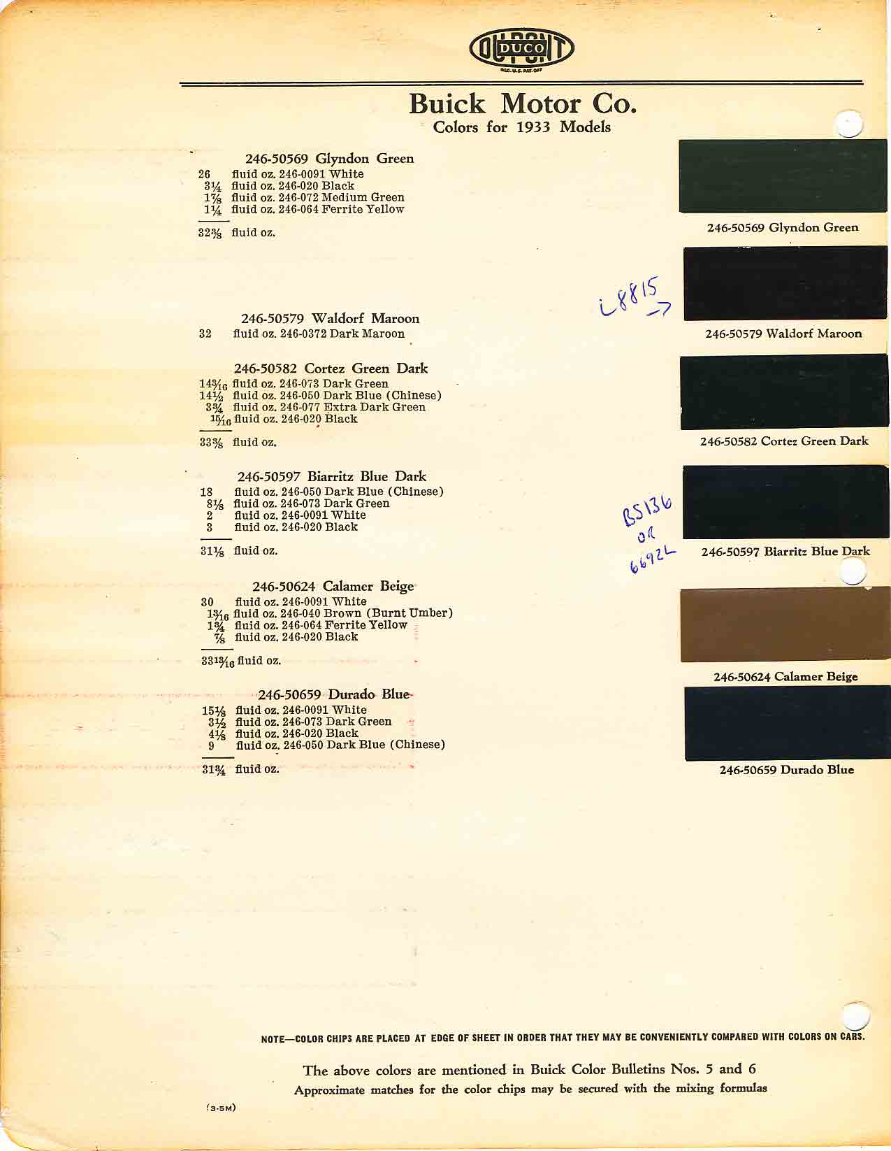 1933 Buick All Model Paint Color Code Chart Buick color chart that contains color codes and paint swatches for the exterior color of a Buick vehicle.