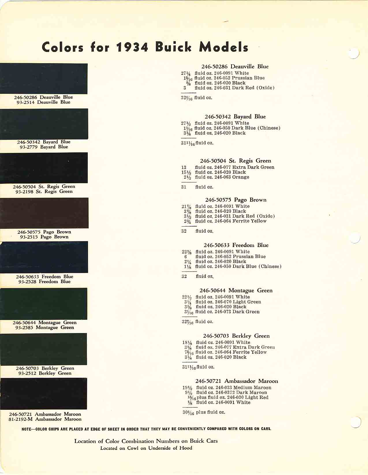 1934 Buick All Model Paint Color Code Chart Buick color chart that contains color codes and paint swatches for the exterior color of a Buick vehicle.