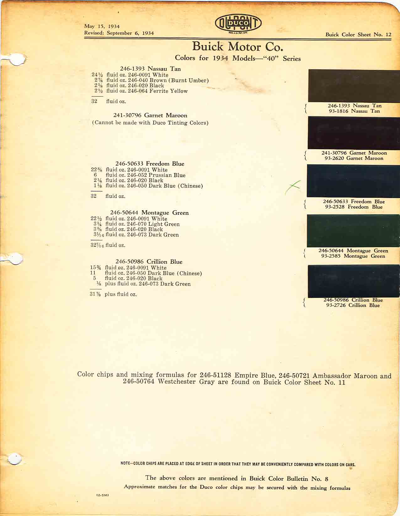 1934 Buick All Model Paint Color Code Chart Buick color chart that contains color codes and paint swatches for the exterior color of a Buick vehicle.