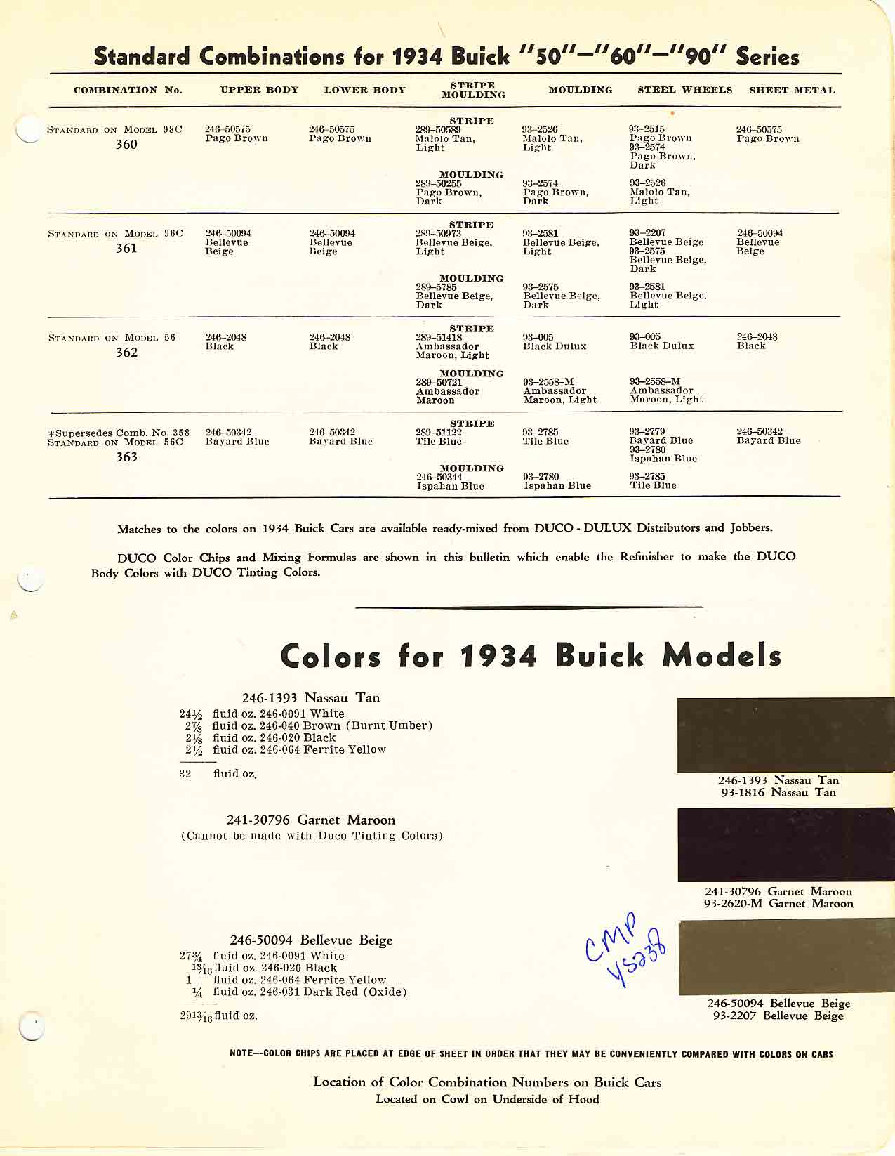 1934 Buick All Model Paint Color Code Chart Buick color chart that contains color codes and paint swatches for the exterior color of a Buick vehicle.