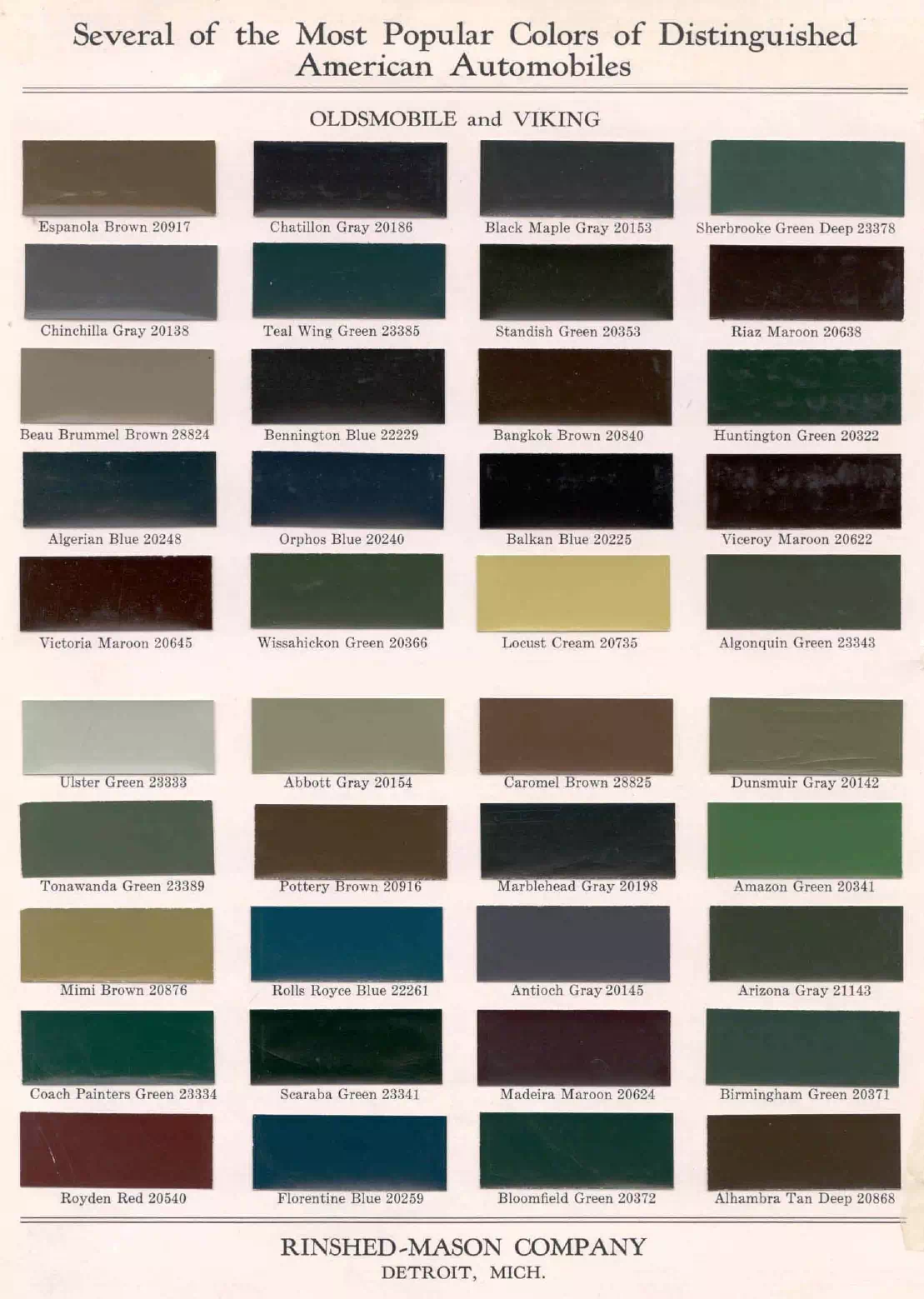 colors and ordering codes for those colors used on 1930 vehicles