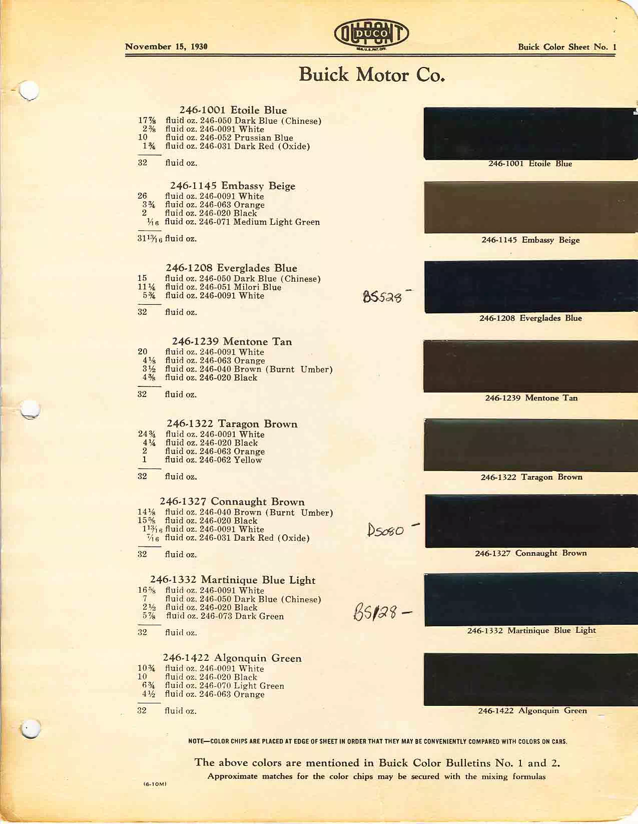 colors and ordering codes for those colors used on 1930 vehicles