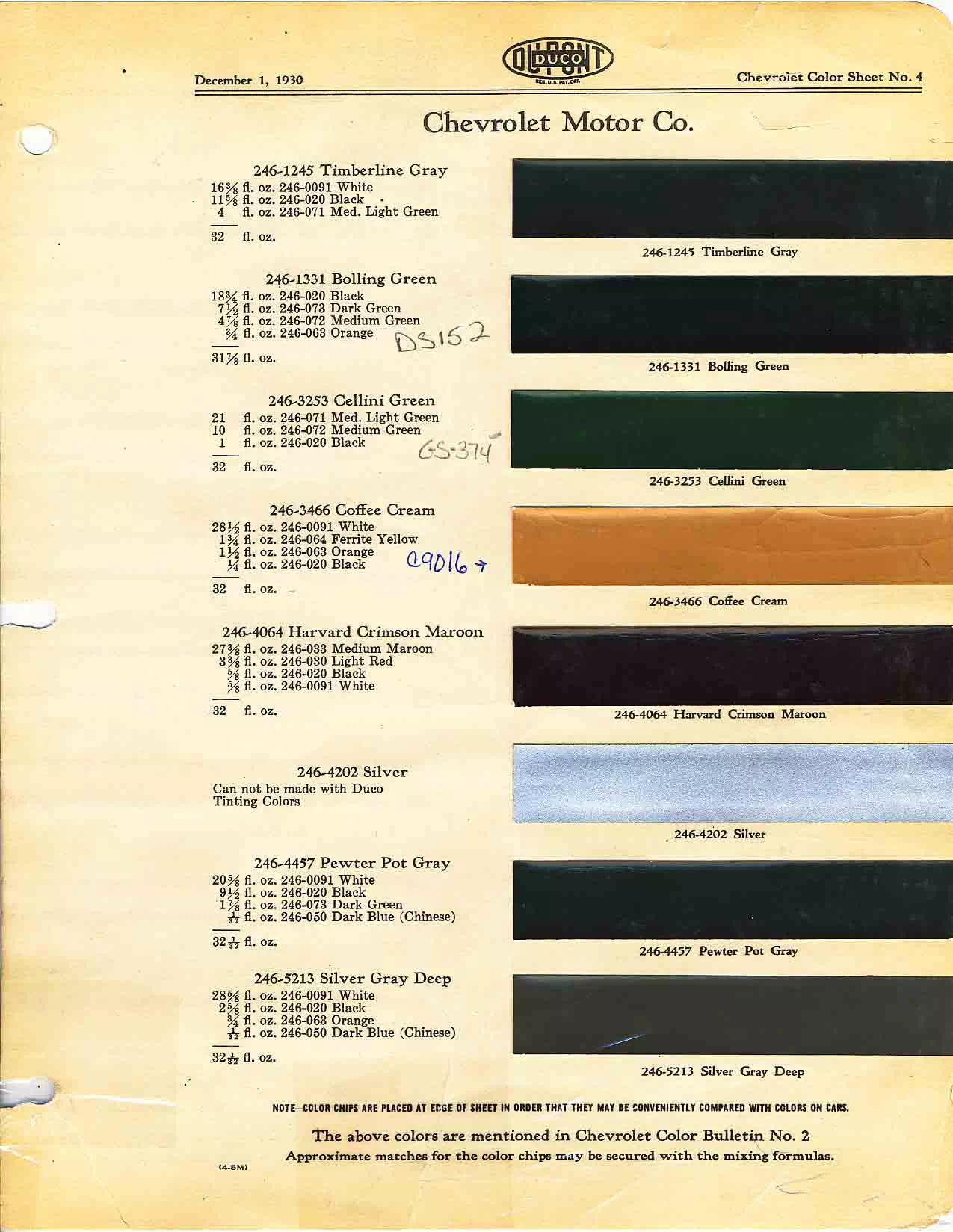 colors and ordering codes for those colors used on 1930 vehicles