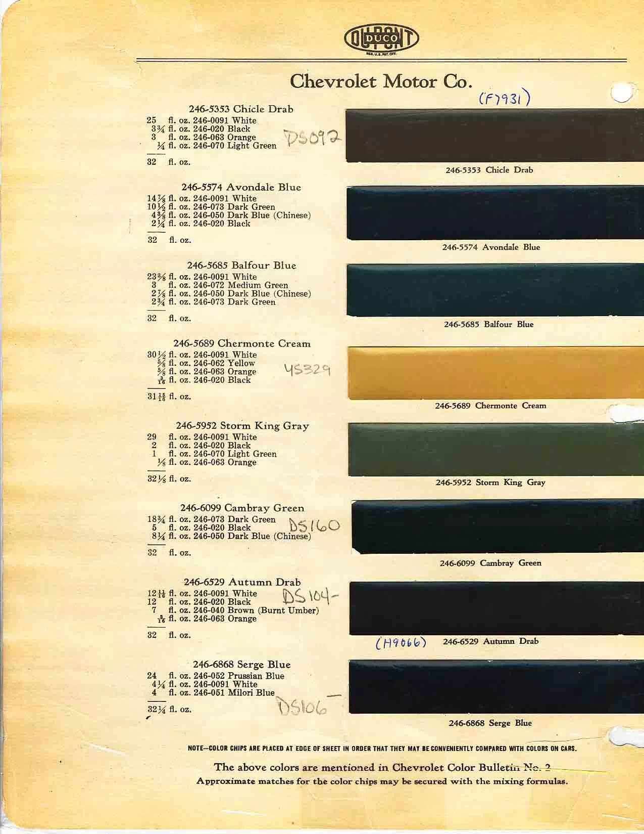 colors and ordering codes for those colors used on 1930 vehicles