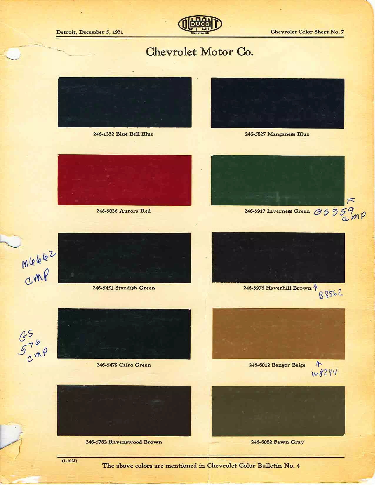 colors and ordering codes for those colors used on 1930 vehicles