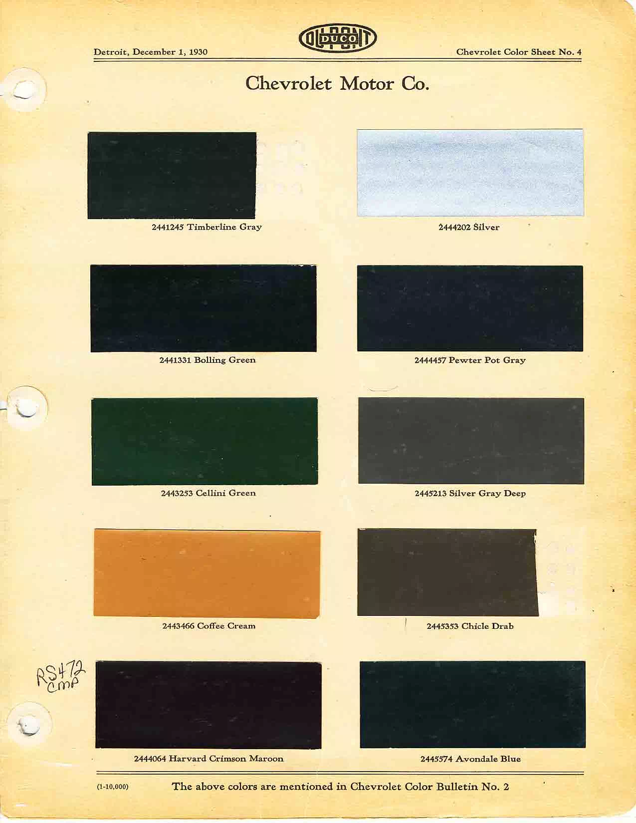 colors and ordering codes for those colors used on 1930 vehicles