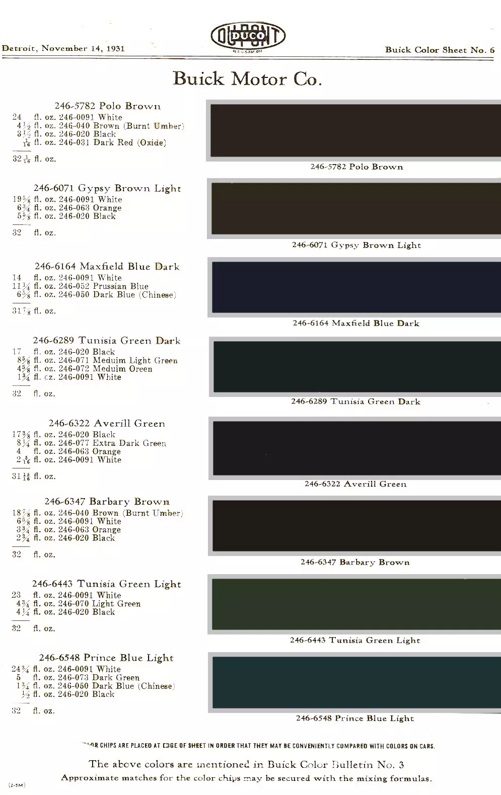 Color chart for 1931 motor vehicles exterior paint code.  Examples of colors and ordering codes.