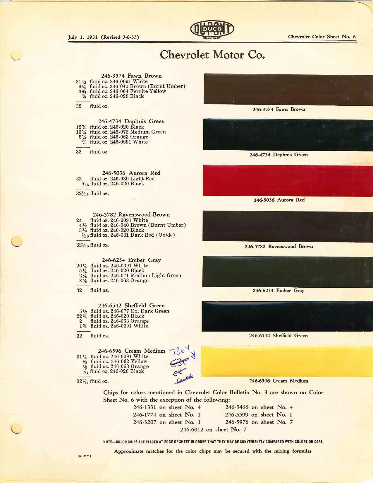 Color chart for 1931 motor vehicles exterior paint code.  Examples of colors and ordering codes.