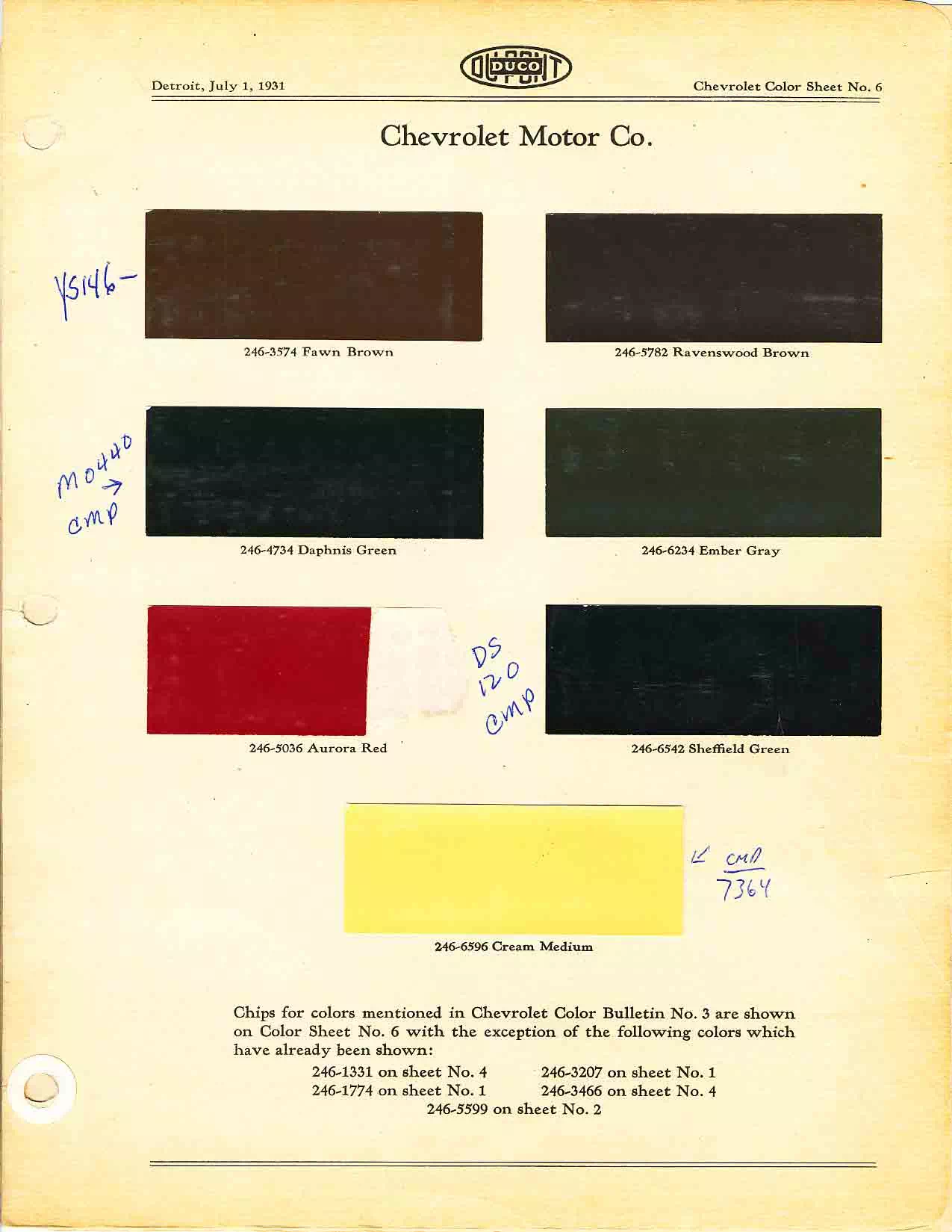 Color chart for 1931 motor vehicles exterior paint code.  Examples of colors and ordering codes.