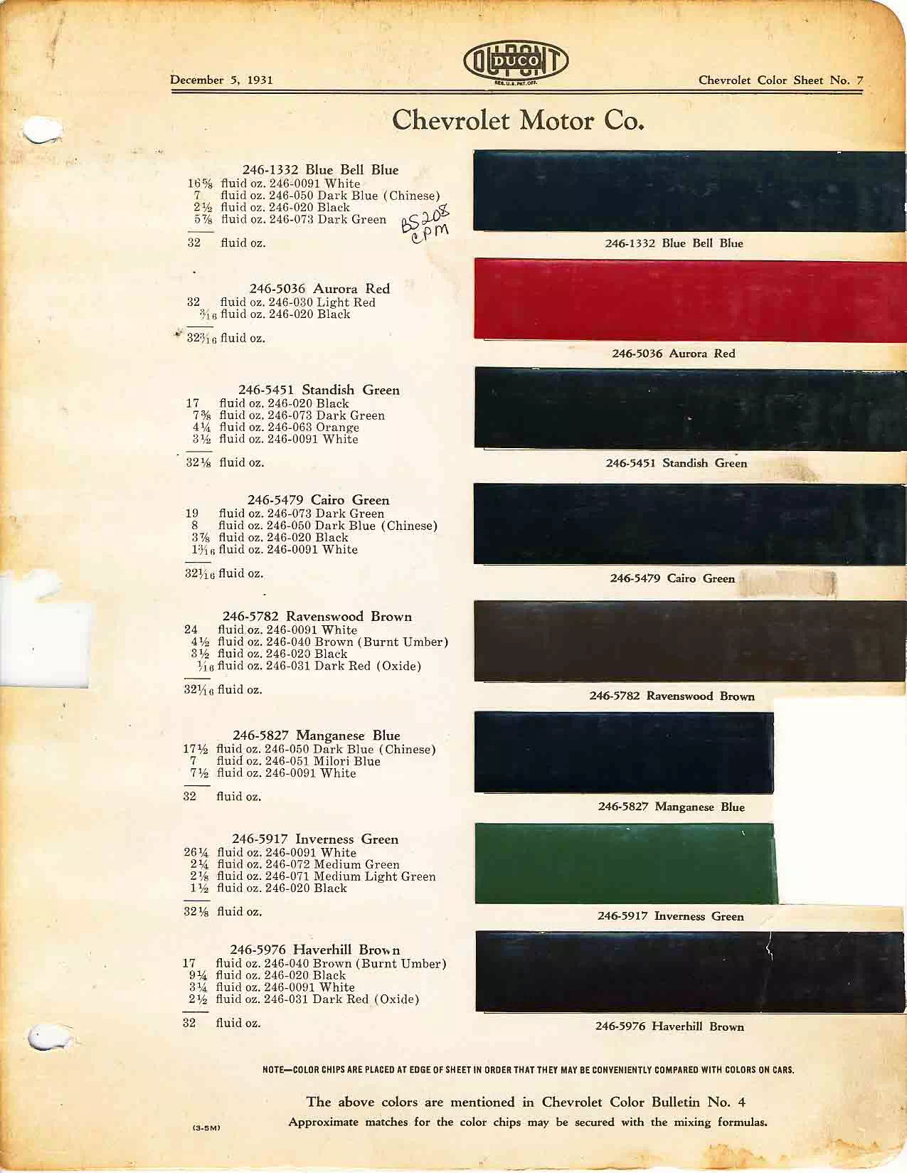 Color chart for 1931 motor vehicles exterior paint code.  Examples of colors and ordering codes.