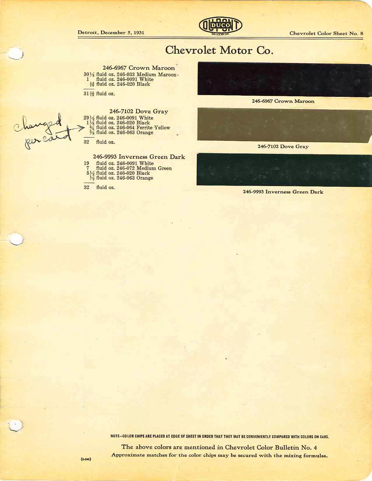 Color chart for 1931 motor vehicles exterior paint code.  Examples of colors and ordering codes.