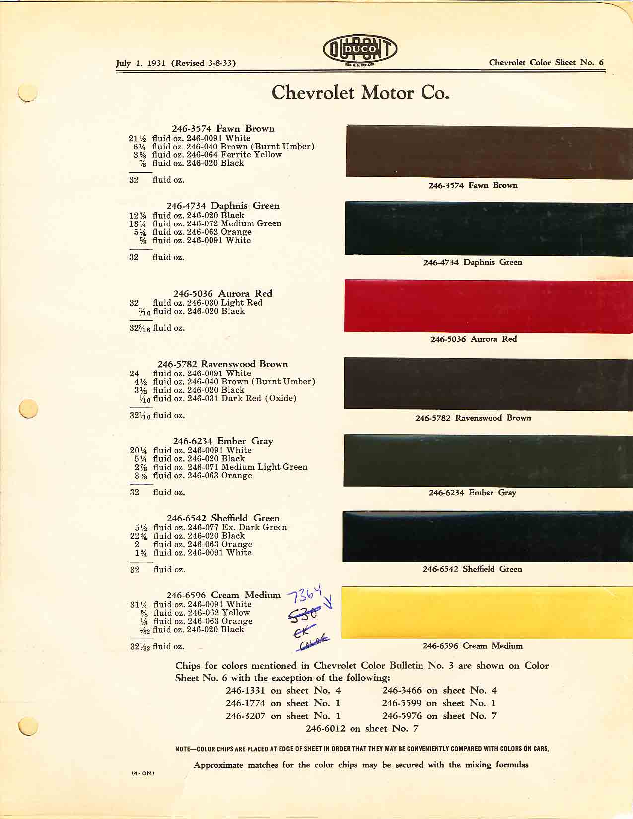 Colors and codes used on Chevrolet Vehicles in 1931