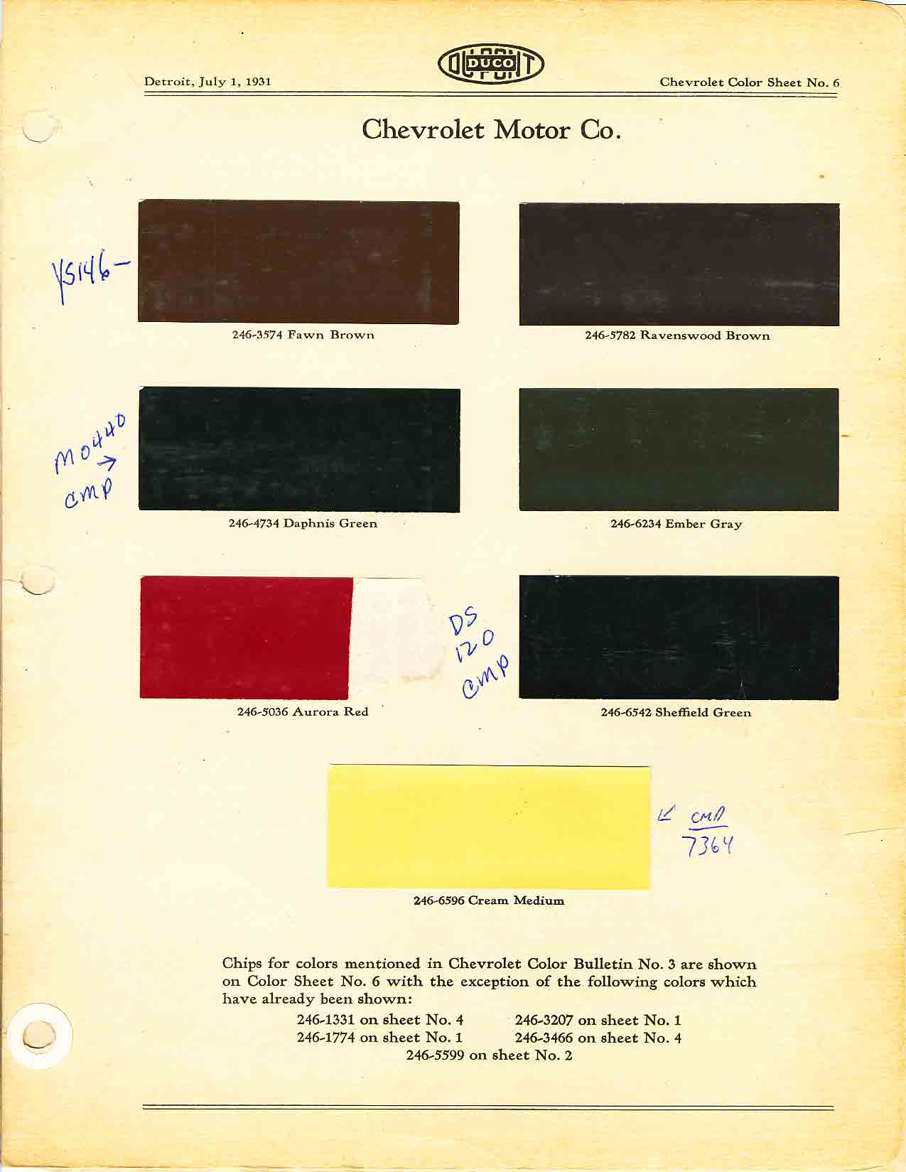 Colors and codes used on Chevrolet Vehicles in 1931