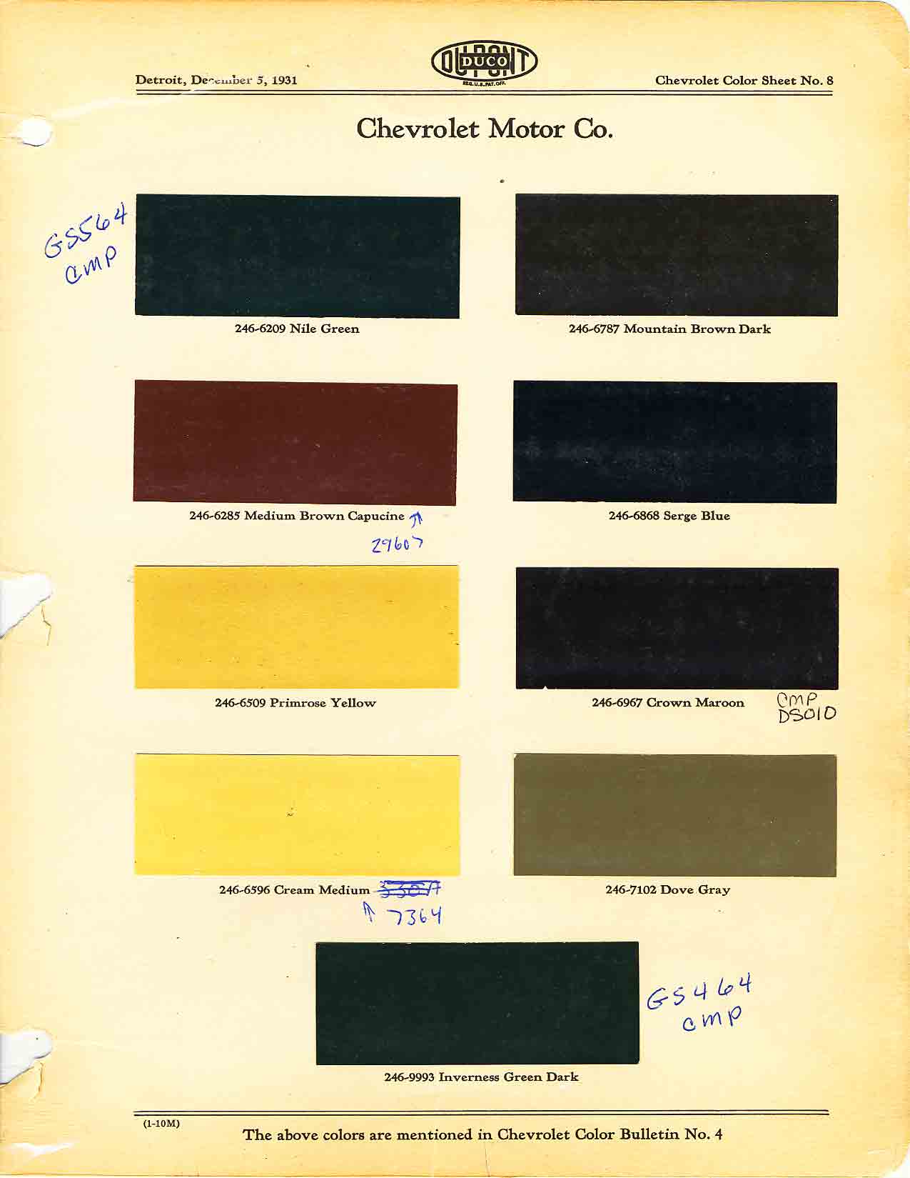 Colors and codes used on Chevrolet Vehicles in 1931