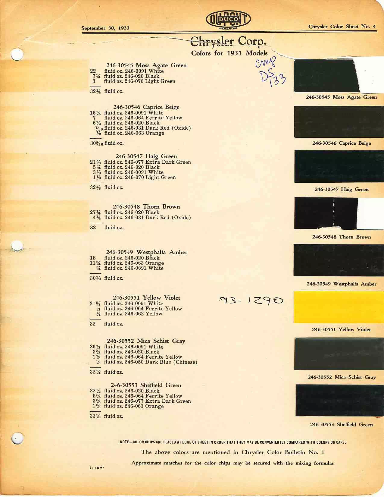 Color chart for 1931 motor vehicles exterior paint code.  Examples of colors and ordering codes.