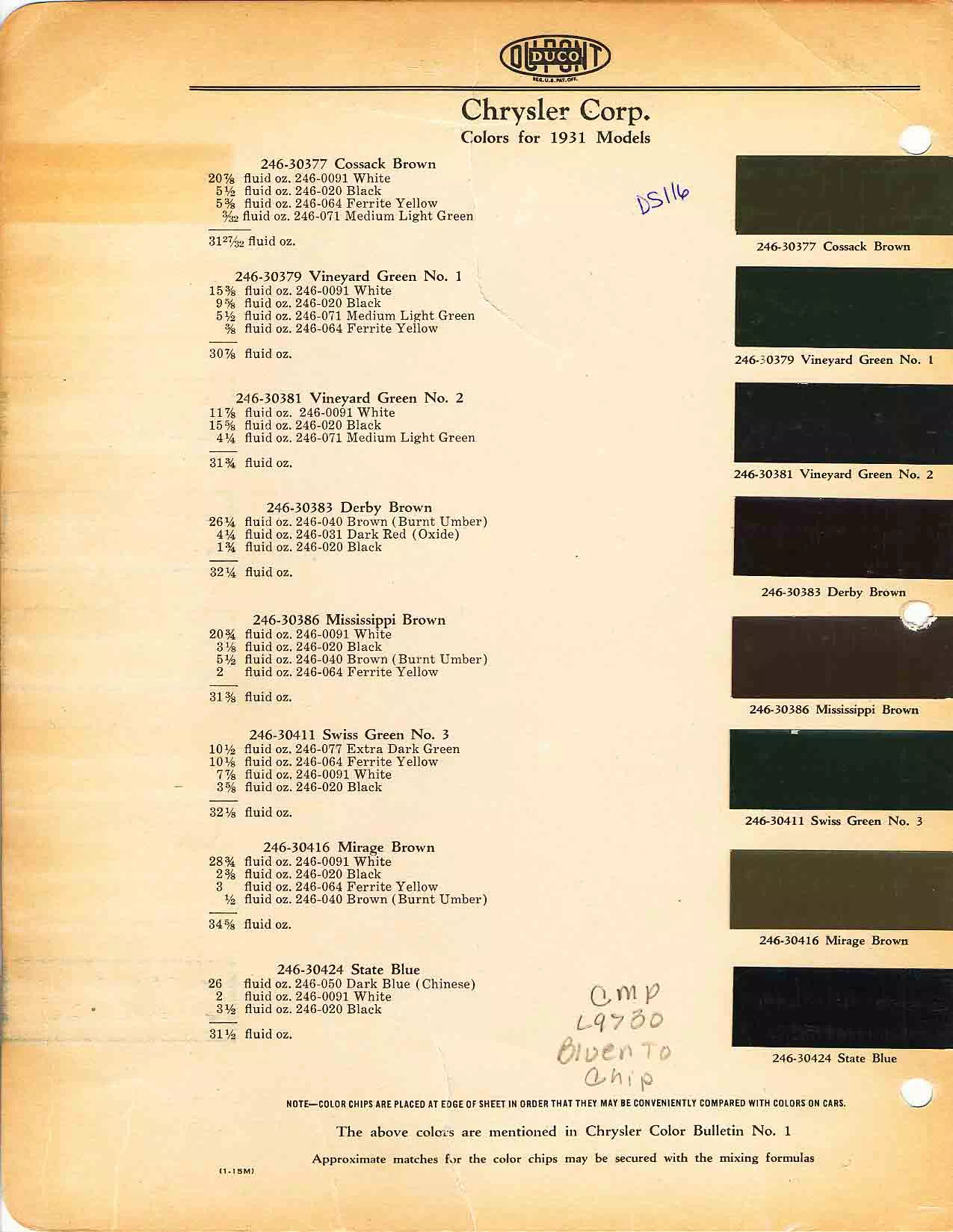 Color chart for 1931 motor vehicles exterior paint code.  Examples of colors and ordering codes.