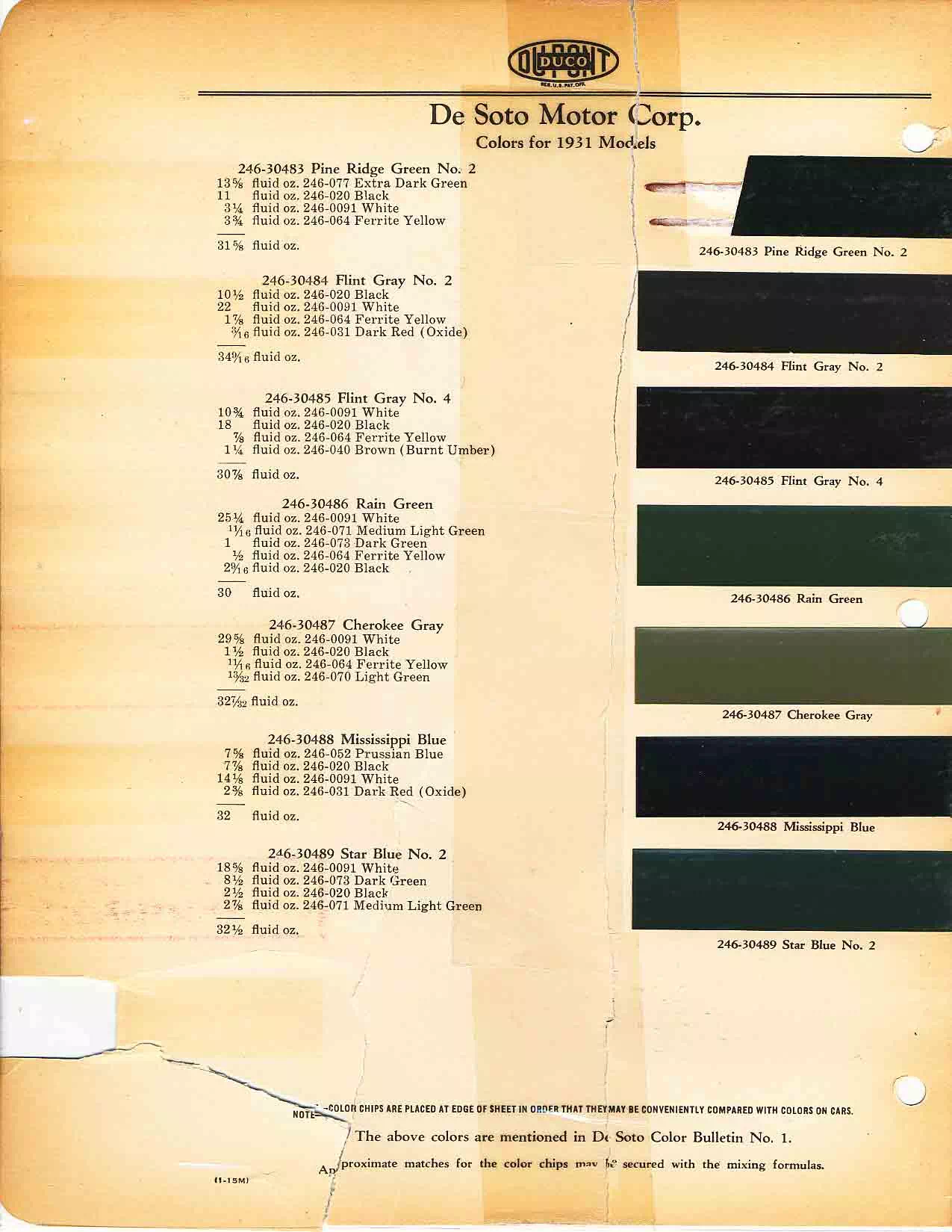 Color chart for 1931 motor vehicles exterior paint code.  Examples of colors and ordering codes.