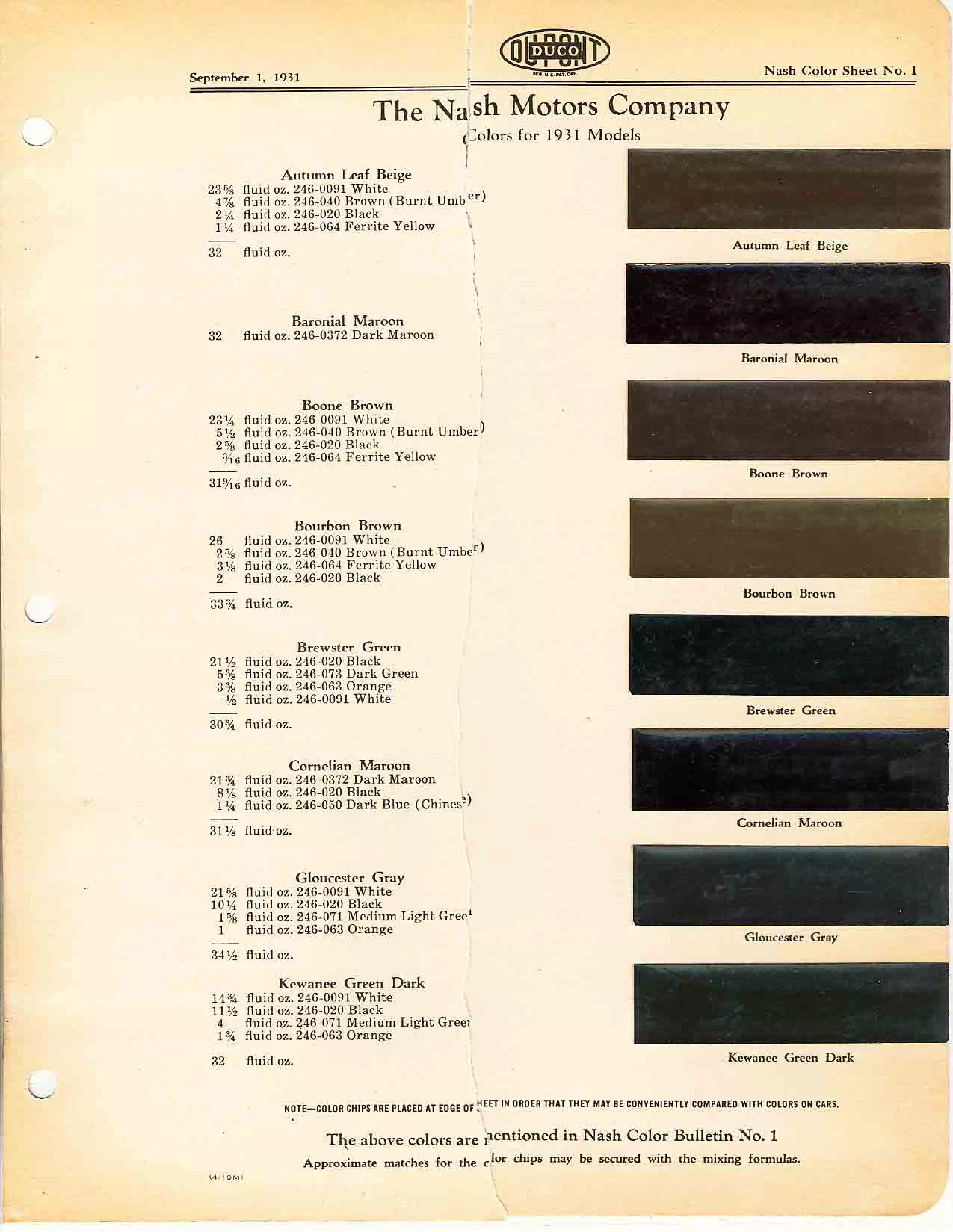 Color chart for 1931 motor vehicles exterior paint code.  Examples of colors and ordering codes.