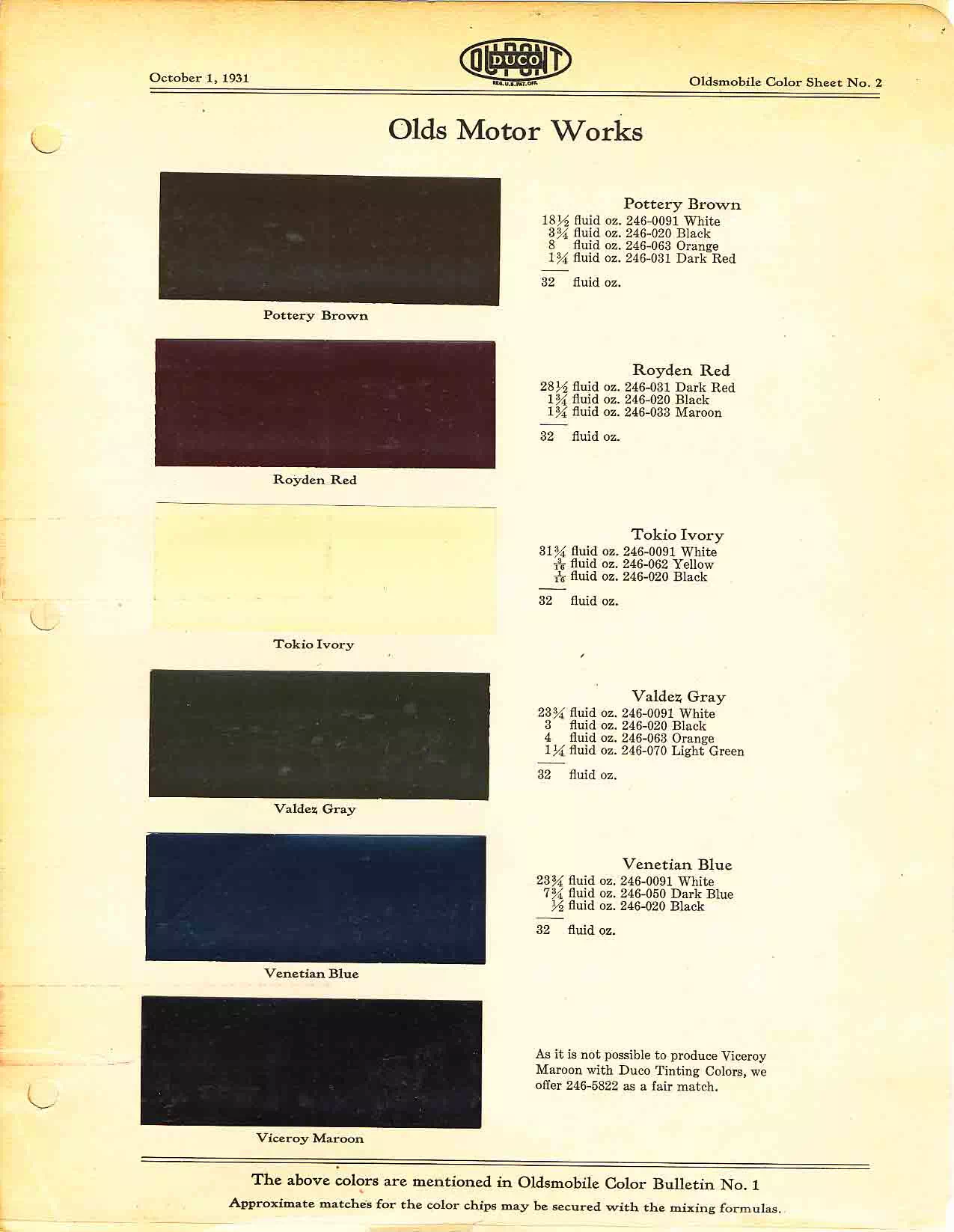 Color chart for 1931 motor vehicles exterior paint code.  Examples of colors and ordering codes.