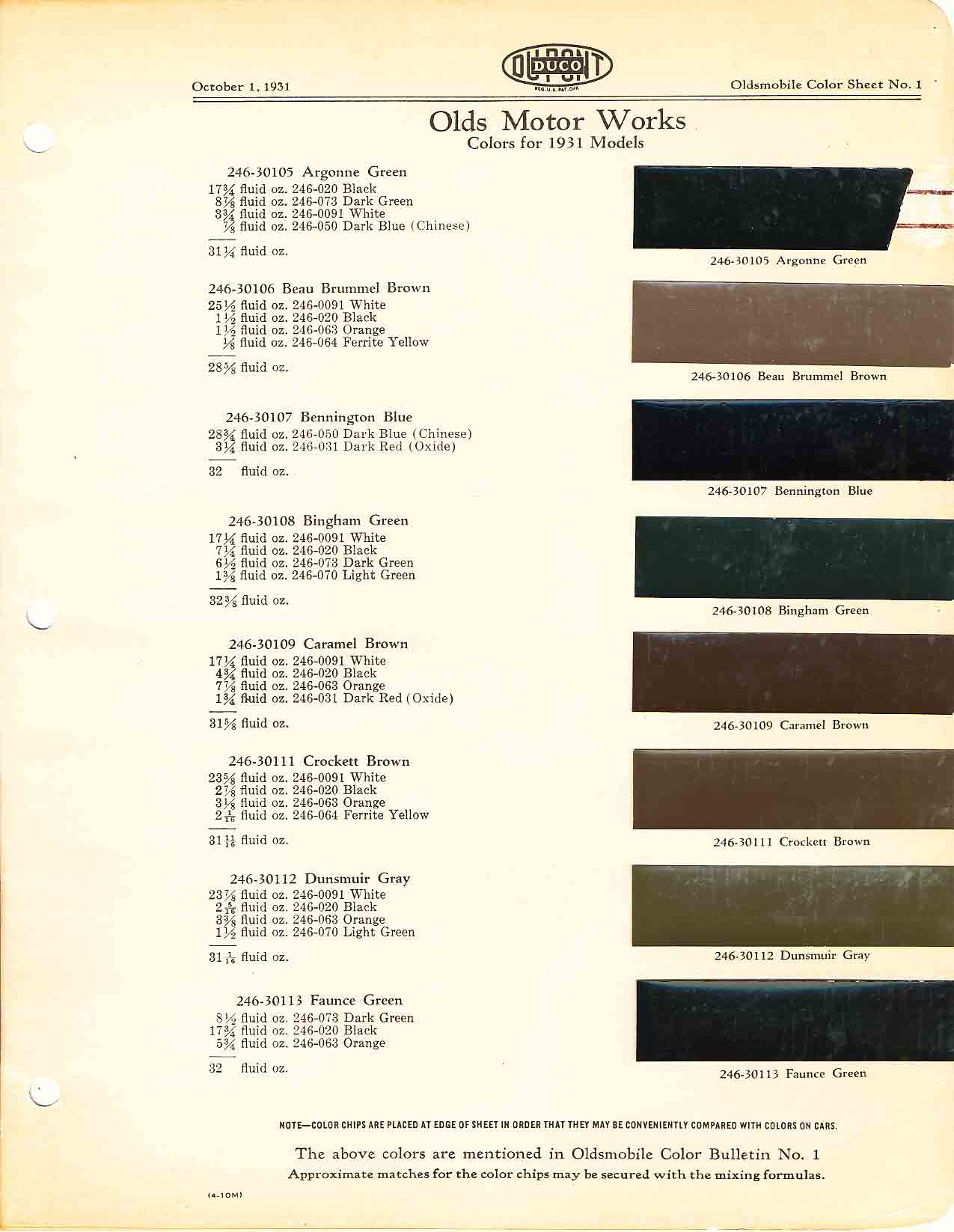 Colors and codes used on Oldsmobile Vehicles in 1931