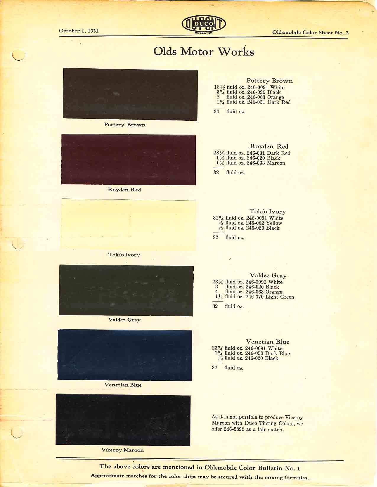 Colors and codes used on Oldsmobile Vehicles in 1931