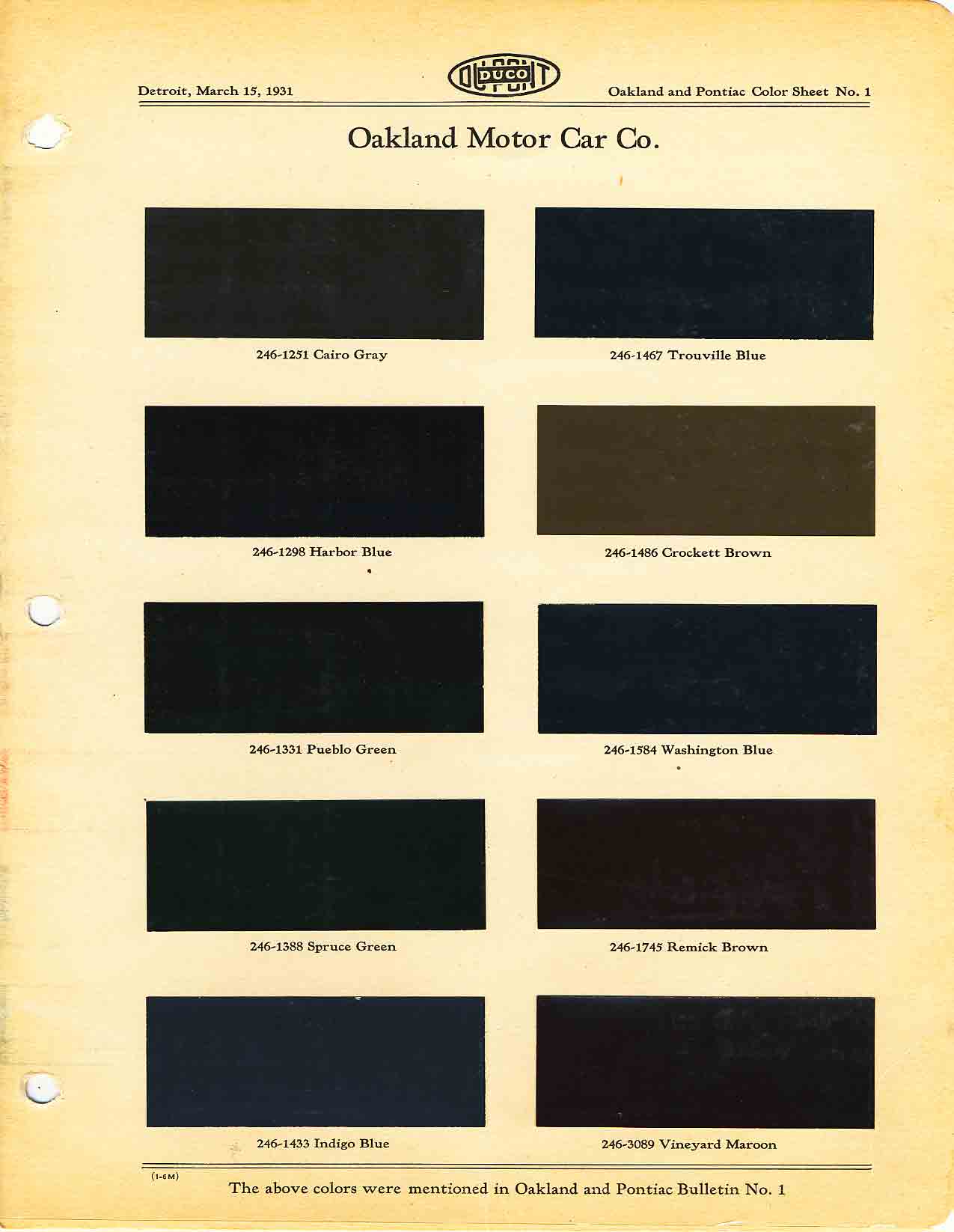 Color chart for 1931 motor vehicles exterior paint code.  Examples of colors and ordering codes.