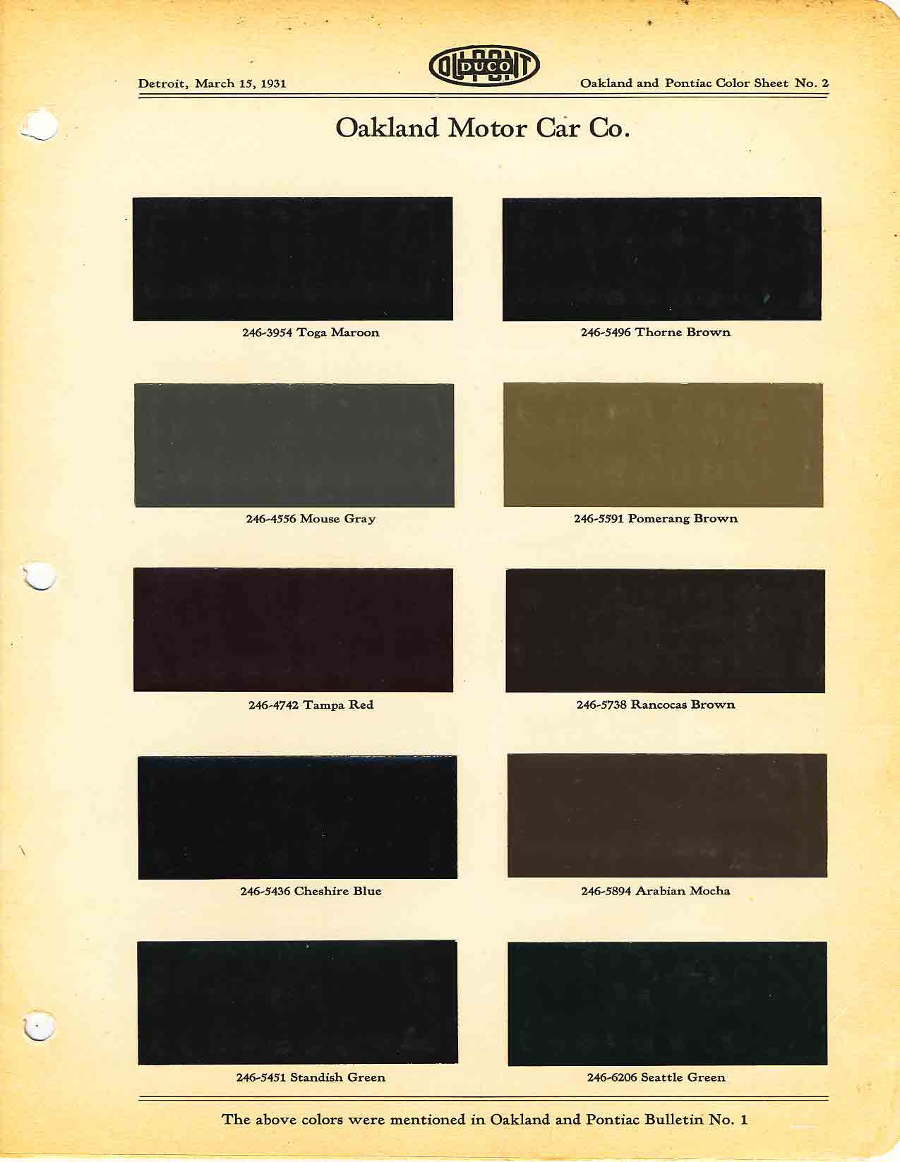 Color chart for 1931 motor vehicles exterior paint code.  Examples of colors and ordering codes.