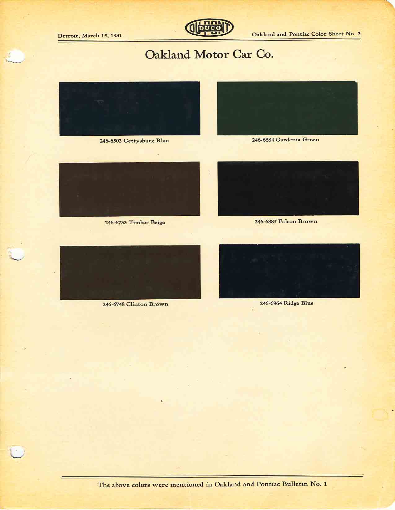 1931 Oakland Paint Codes & Color Chart Color chart for 1931 motor vehicles exterior paint code. Examples of colors and ordering codes.
