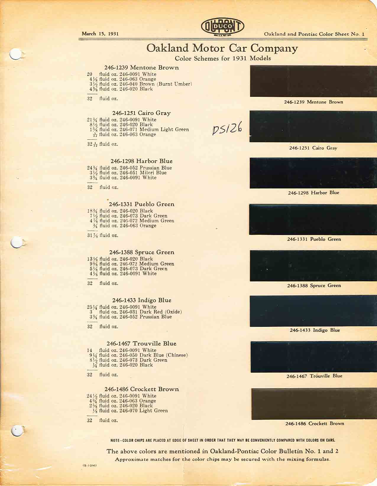 1931 Oakland Paint Codes & Color Chart Color chart for 1931 motor vehicles exterior paint code. Examples of colors and ordering codes.