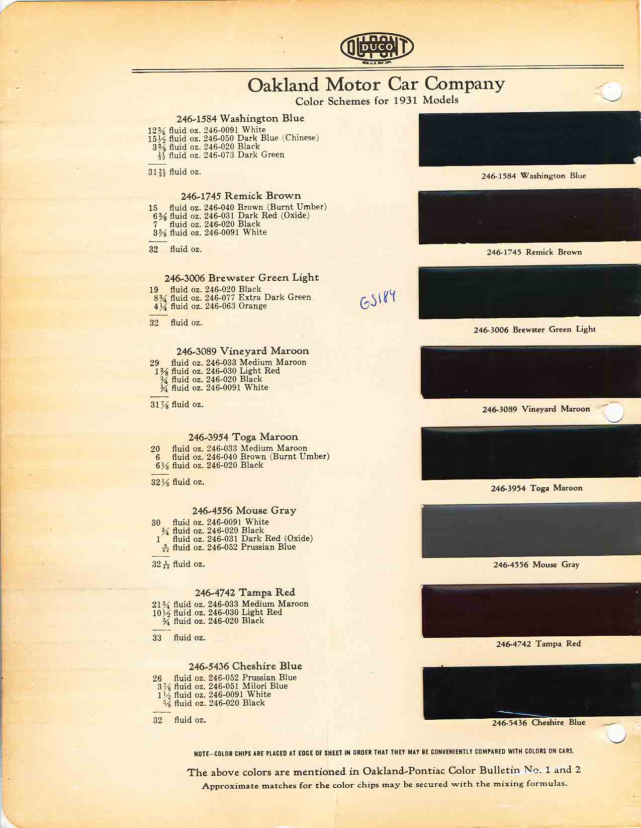 Color chart for 1931 motor vehicles exterior paint code.  Examples of colors and ordering codes.