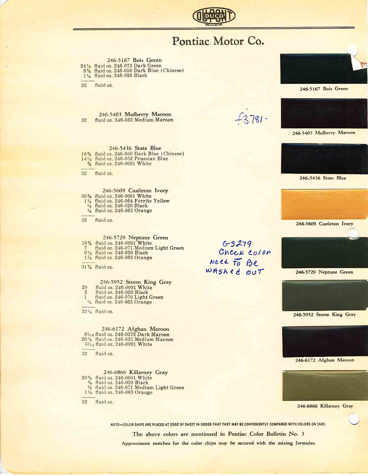 Color chart for 1931 motor vehicles exterior paint code.  Examples of colors and ordering codes.