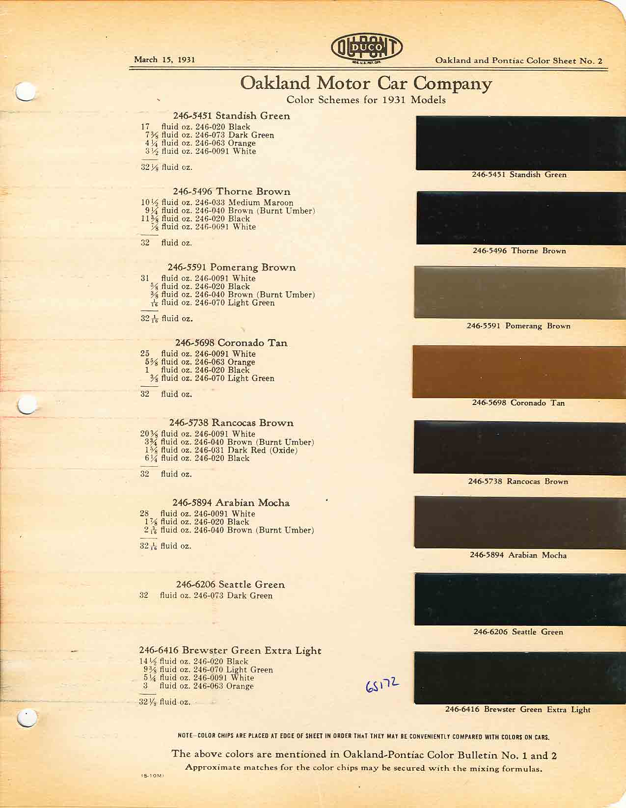 Color chart for 1931 motor vehicles exterior paint code.  Examples of colors and ordering codes.