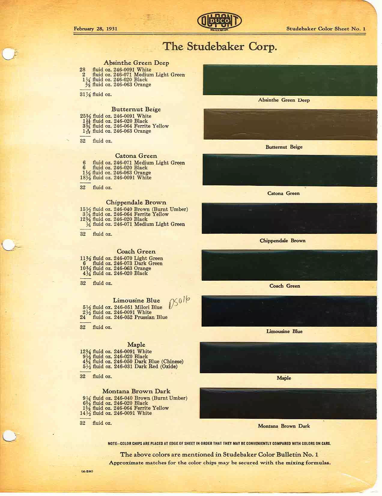 Color chart for 1931 motor vehicles exterior paint code.  Examples of colors and ordering codes.