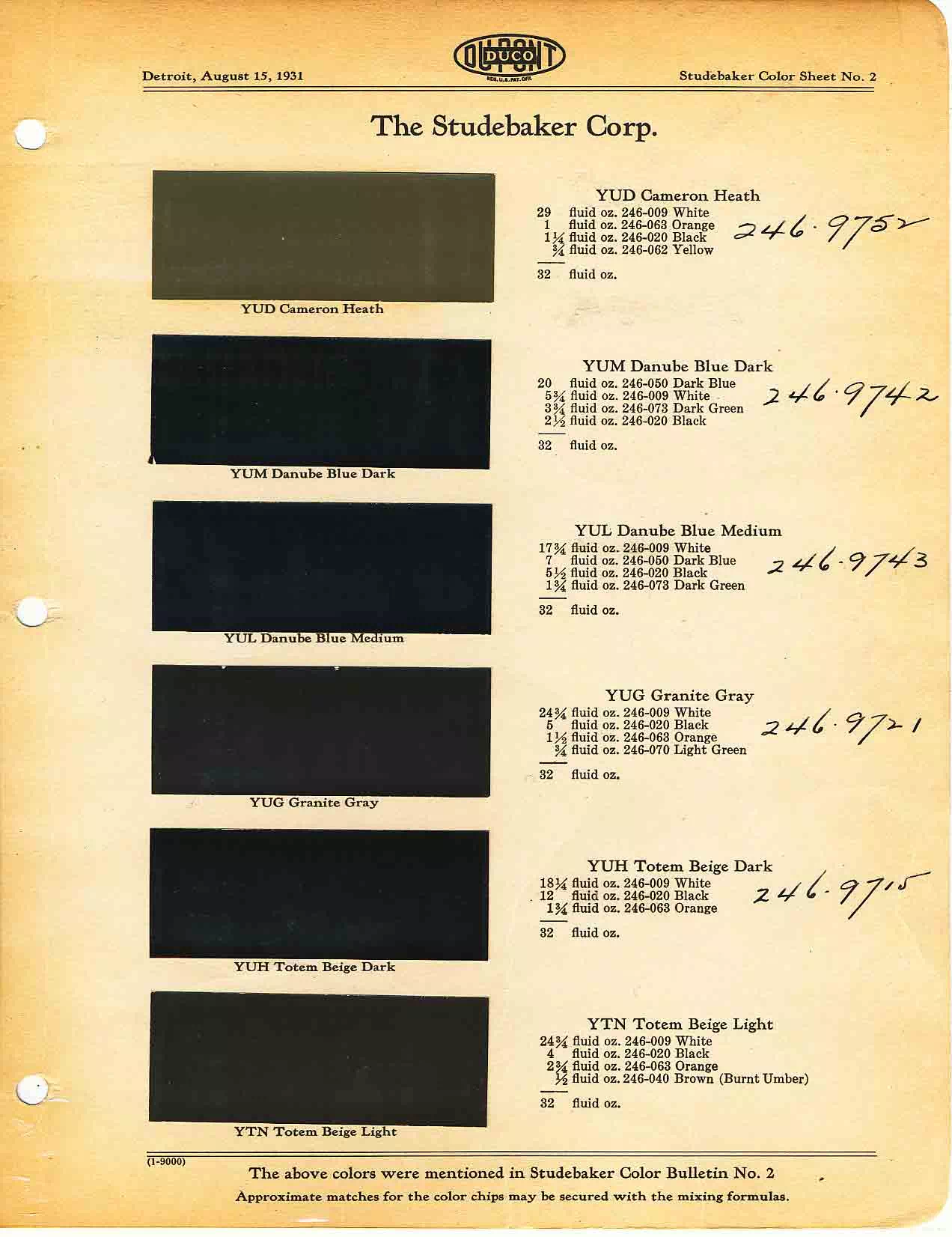 Color chart for 1931 motor vehicles exterior paint code.  Examples of colors and ordering codes.