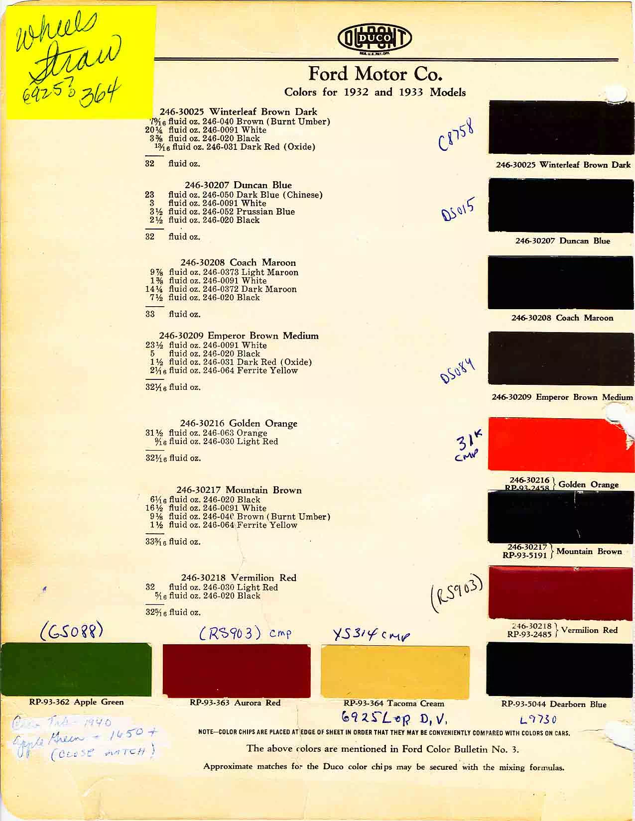 Color chart for 1933 motor vehicles exterior paint code.  Examples of Colors and ordering codes.