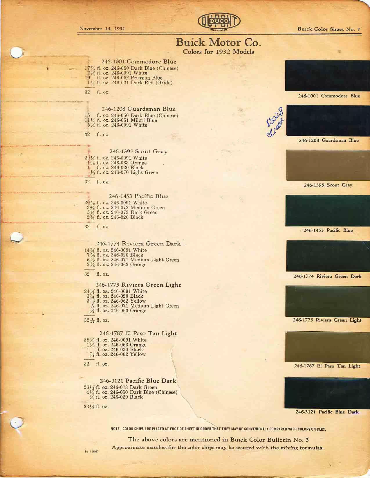 Color chart for 1932 motor vehicles exterior paint code.  Examples of Colors and ordering codes.