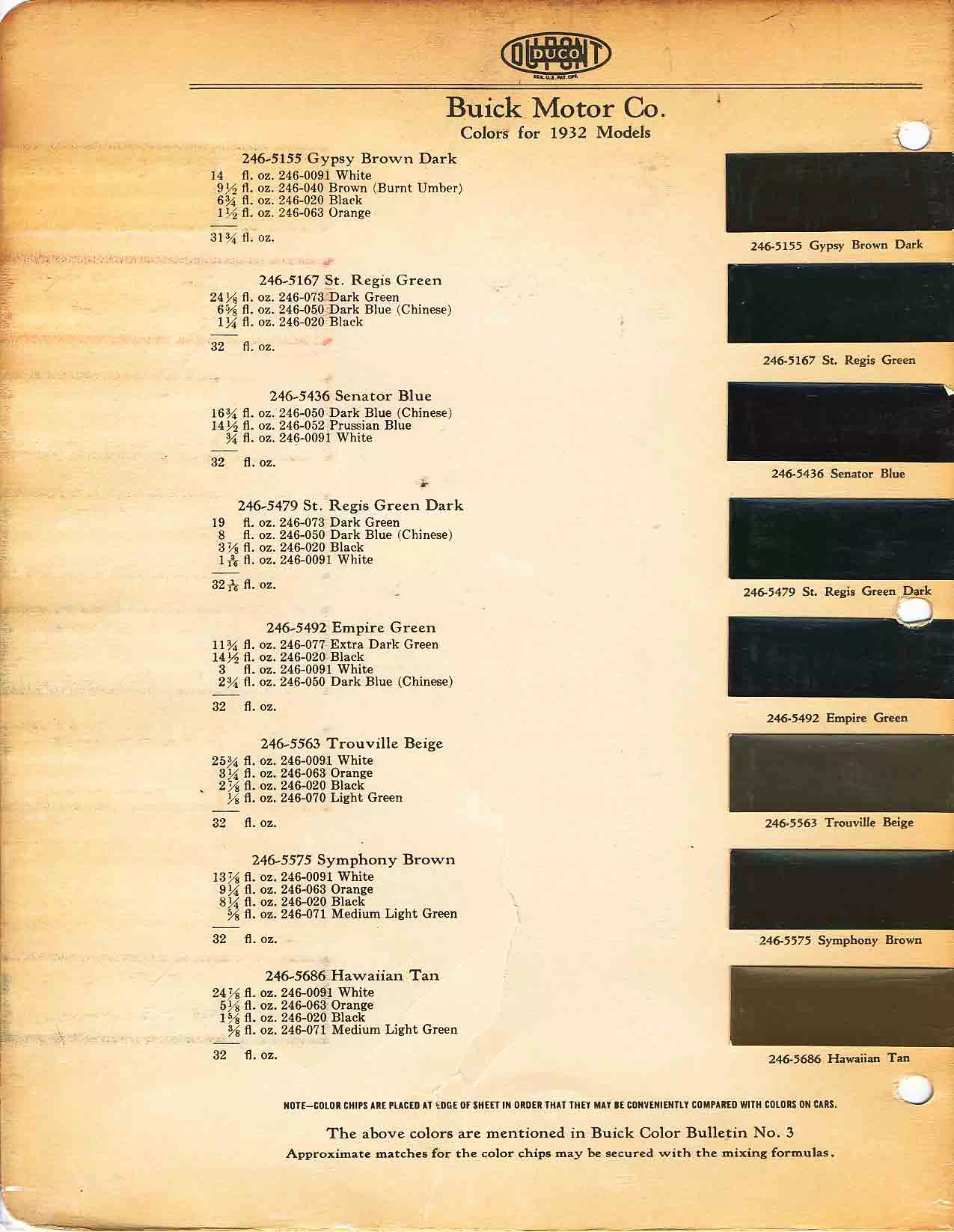 Color chart for 1932 motor vehicles exterior paint code.  Examples of Colors and ordering codes.